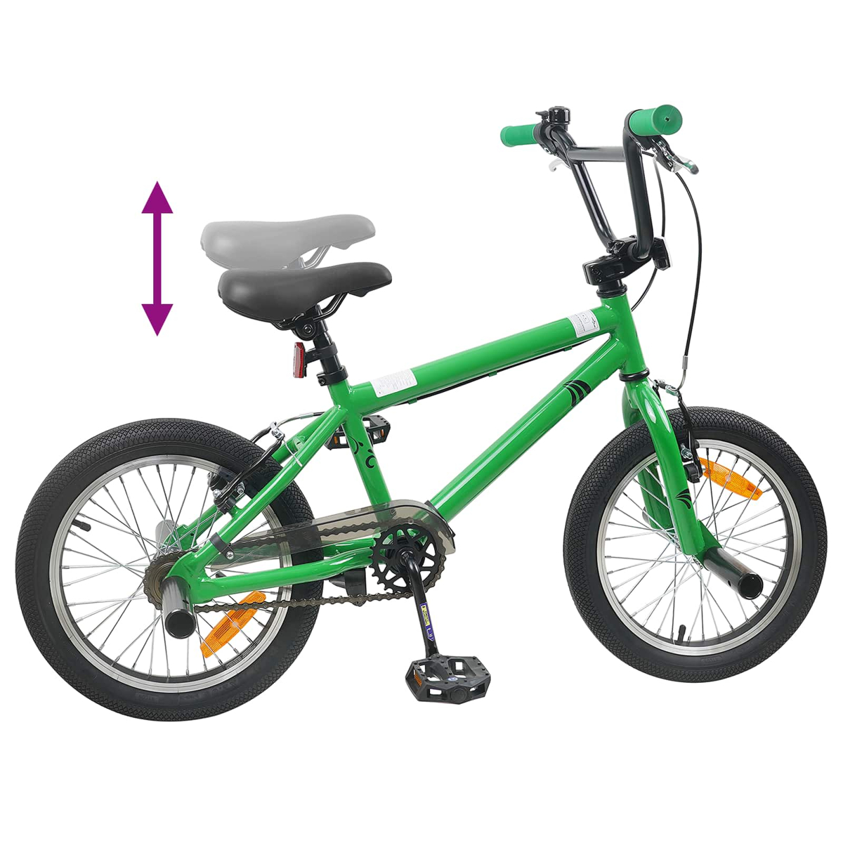 Grünes BMX-Fahrrad mit verstellbarem Sitz und weißen Aufklebern. Weiße Felgen.