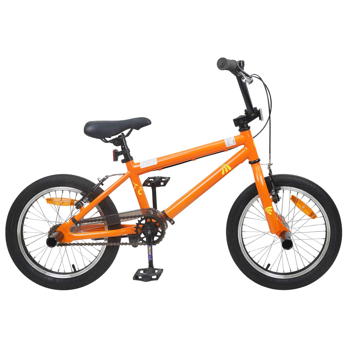 Ein orangefarbenes BMX-Fahrrad mit schwarzen Reifen, Sitz und Griffen. Es steht auf einem Ständer.