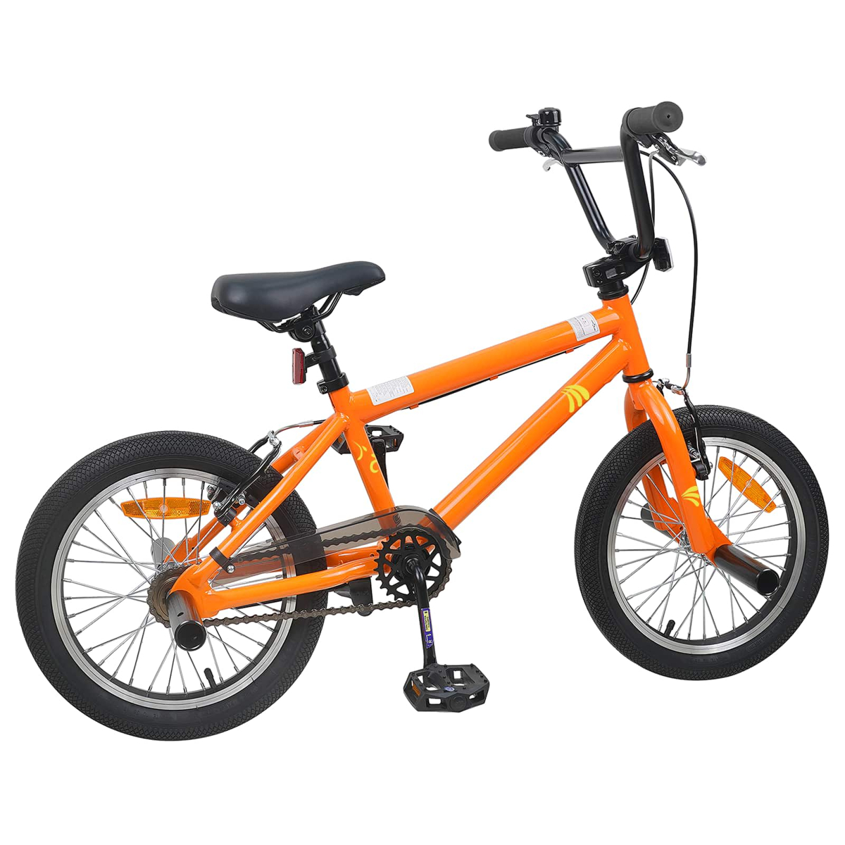 Ein orangefarbenes BMX-Fahrrad mit schwarzen Lenkern, Sitz und Pedalen. Es hat silberne Speichen und schwarze Reifen.