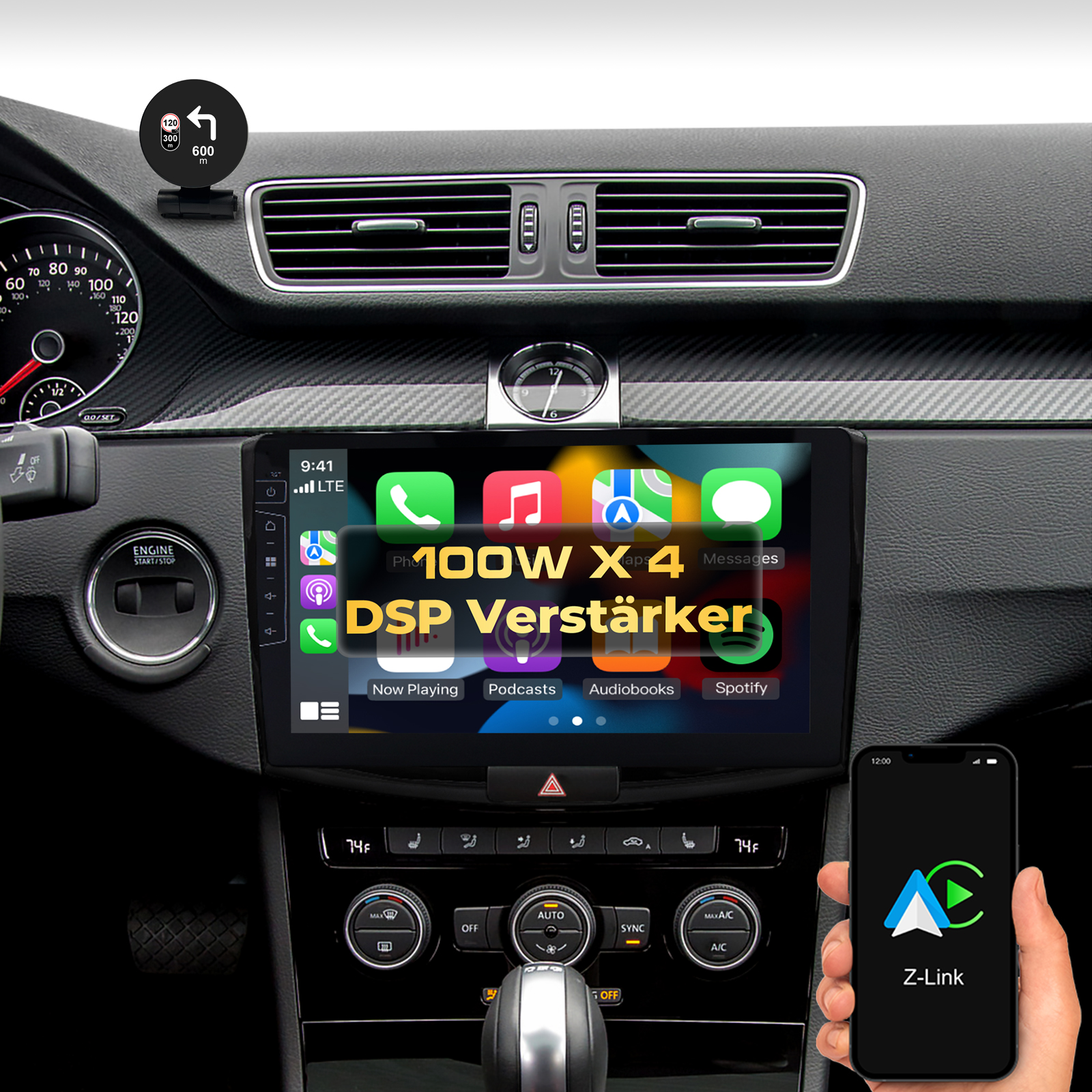 Ein Auto-Infotainmentsystem mit CarPlay-Oberfläche und Z-Link-App auf einem Smartphone.