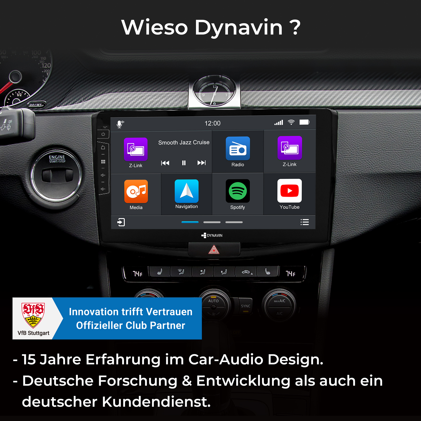 Ein Auto-Infotainmentsystem mit Apps wie Radio, Spotify, YouTube.