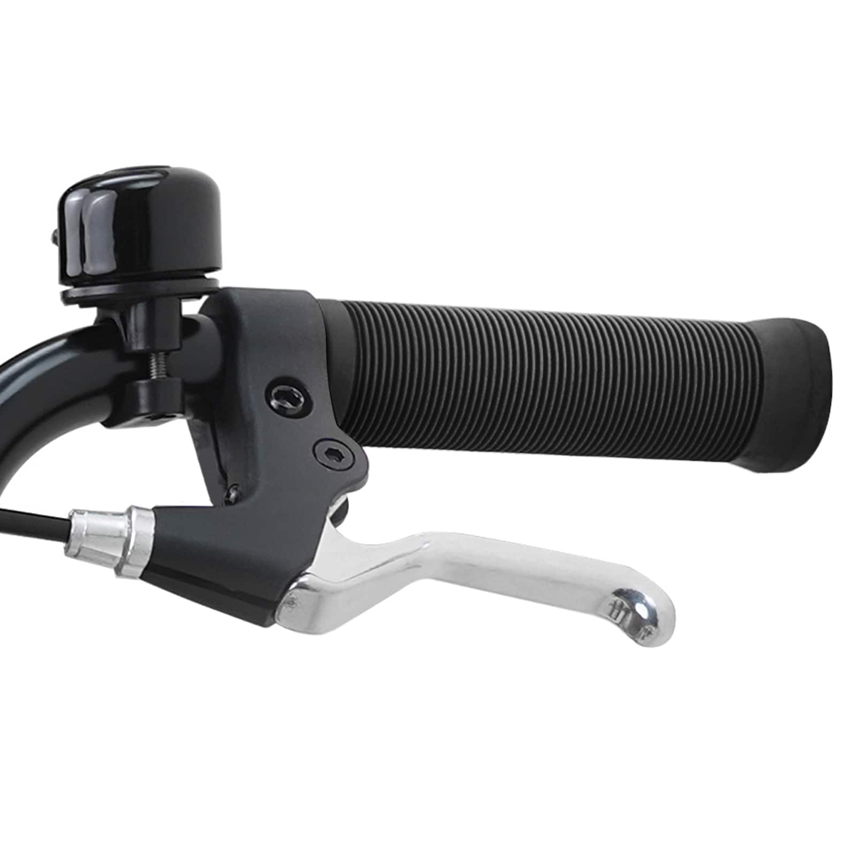 Nahaufnahme eines Fahrradlenkers mit schwarzem Griff, Klingel und silbernem Bremshebel.