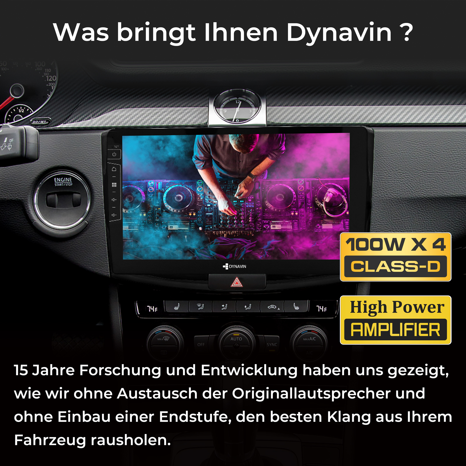 Ein DJ-Pult mit bunten Lichtern im Auto-Display; 100W x 4 Class-D Verstärker.