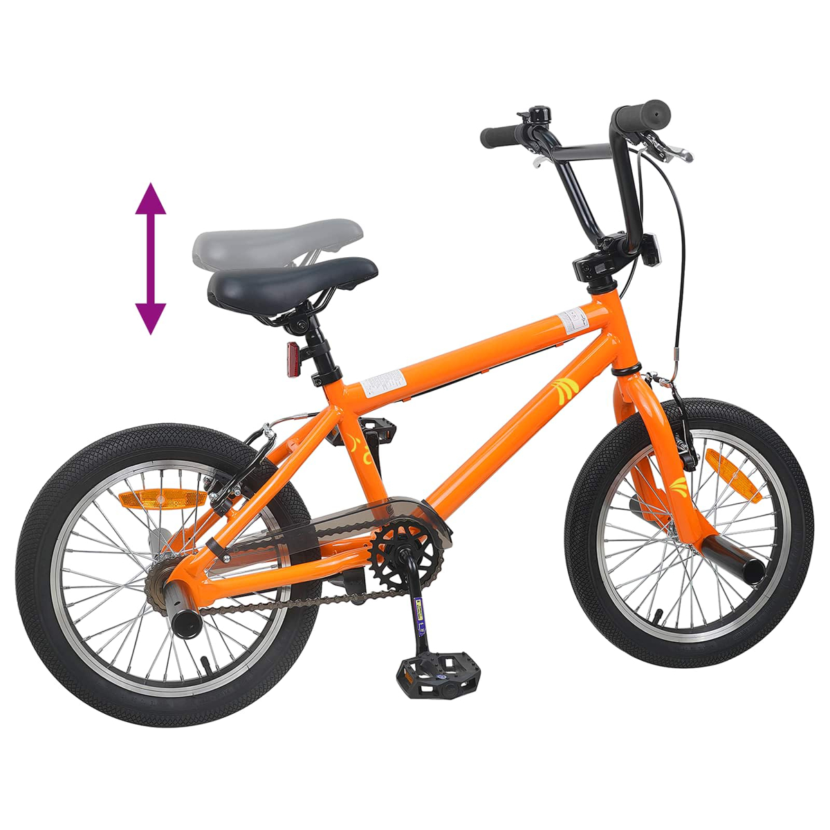 Ein leuchtend orangefarbenes BMX-Fahrrad mit schwarzem Lenker, Sattel und Pedalen.