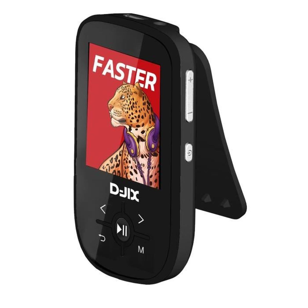 Ein schwarzer MP3-Player mit Leopard-Bildschirm und Kopfhörern.