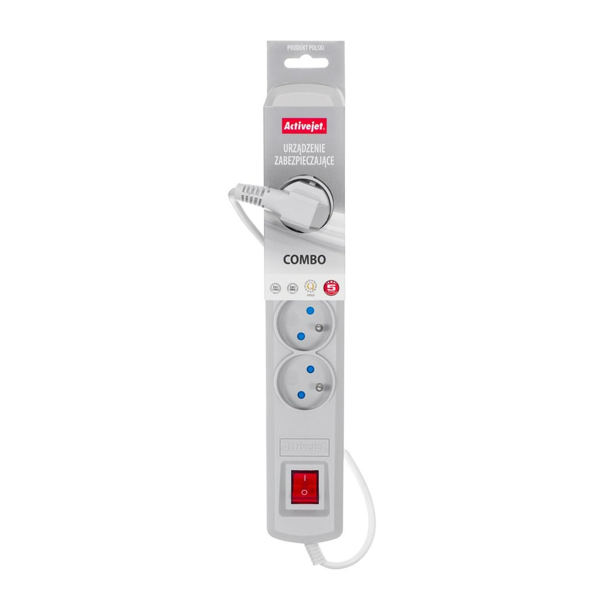 Weißer Mehrfachsteckdosenadapter mit rotem Schalter und zwei Steckdosen.