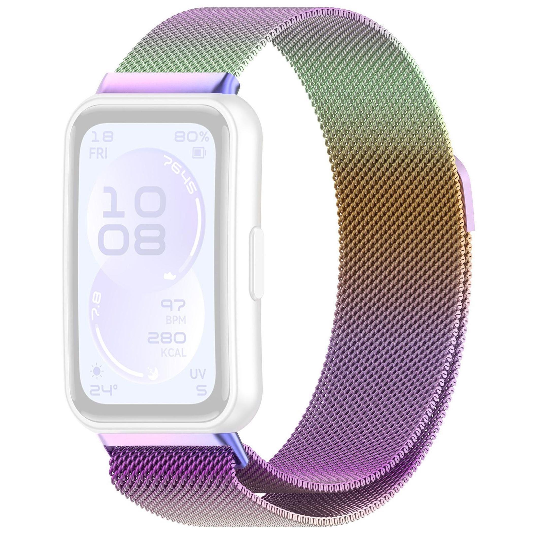 Ein weißes Smartwatch-Gehäuse mit einem bunten, metallischen Mesh-Armband.