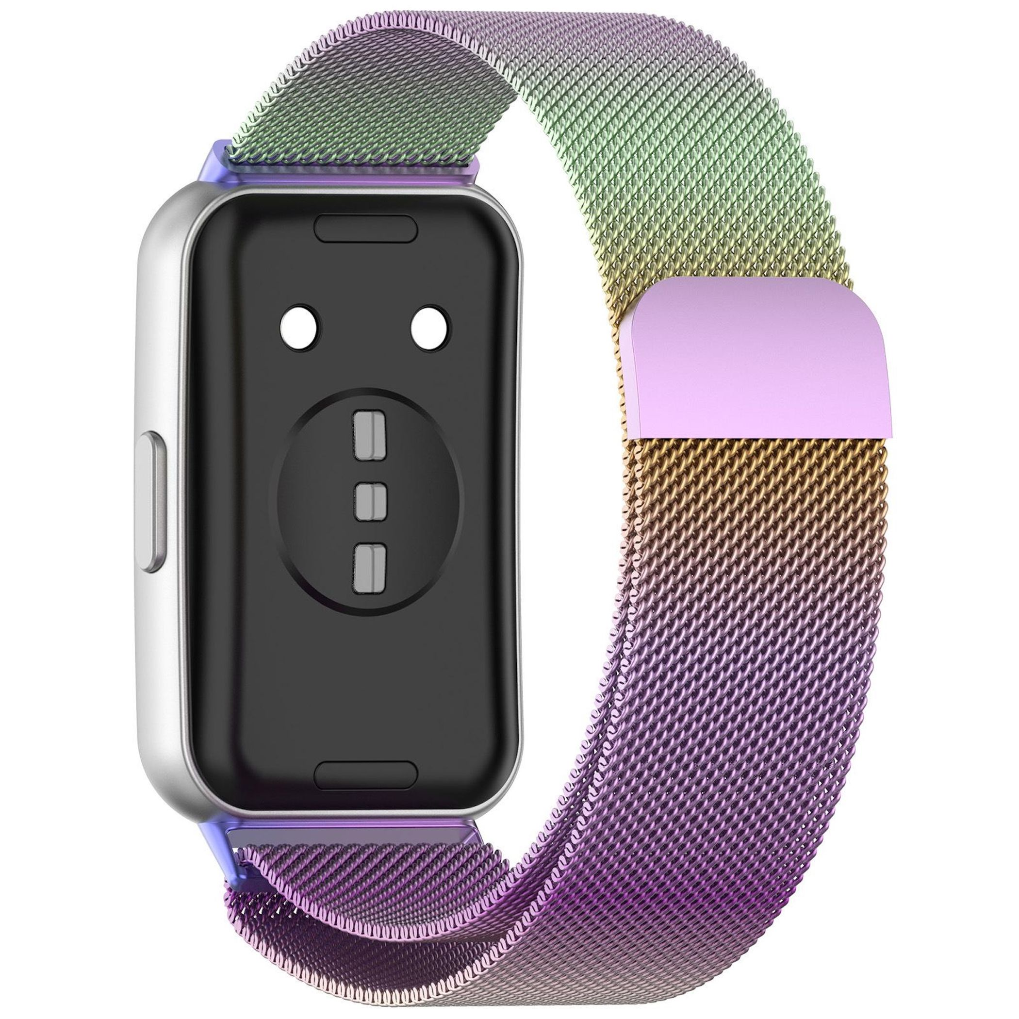 Silberne Smartwatch mit schwarzem Rücken und mehrfarbigem Mesh-Armband.