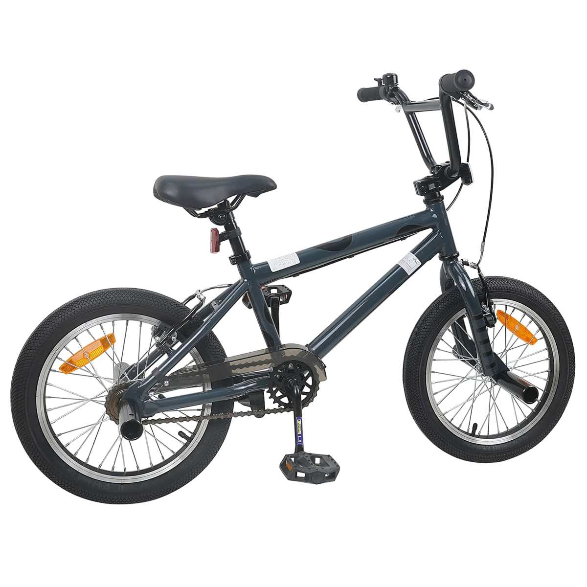 Ein dunkelgraues BMX-Rad mit schwarzen Reifen, Felgen und Griffen.
