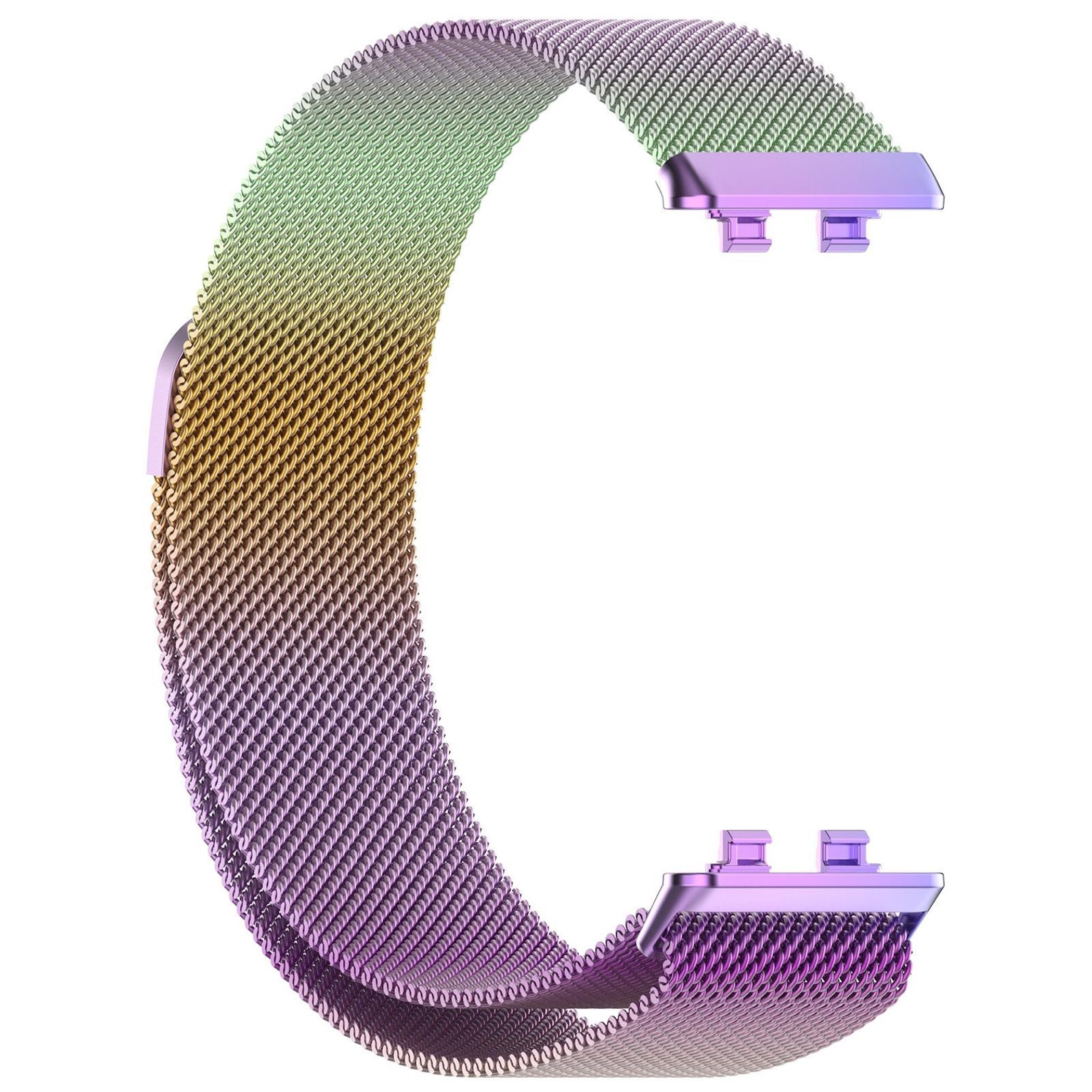 Ein schillerndes, milchiges Metallarmband in C-Form mit lila und gelben Akzenten.