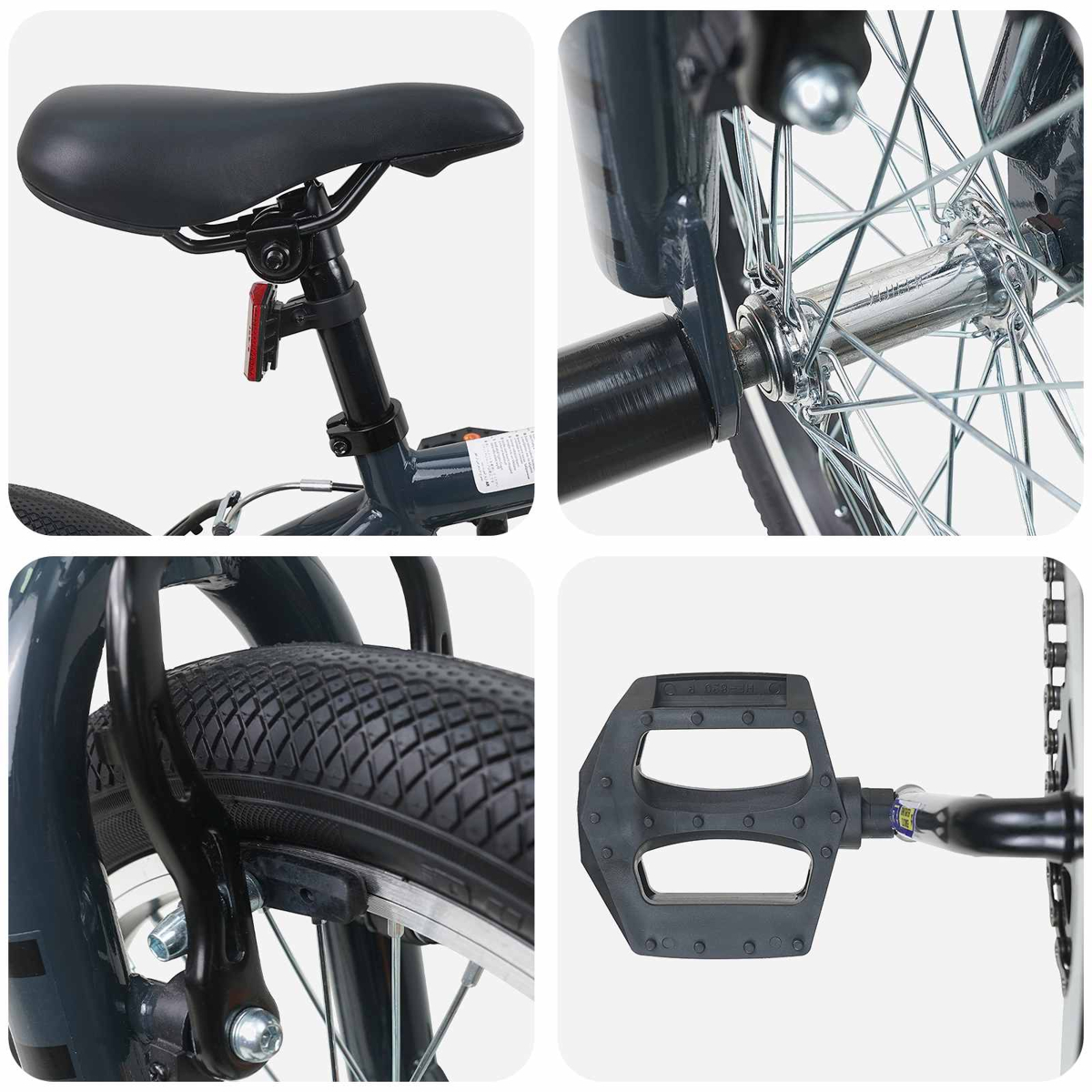 Vier Nahaufnahmen eines dunkelgrauen Fahrrads: Sattel, Hinterradspeiche, Vorderreifen und Pedal.