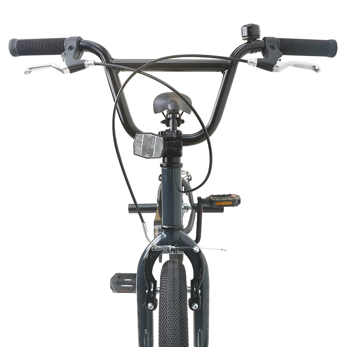 Graues BMX-Fahrrad mit schwarzem Lenker, Sitz und Reifen.