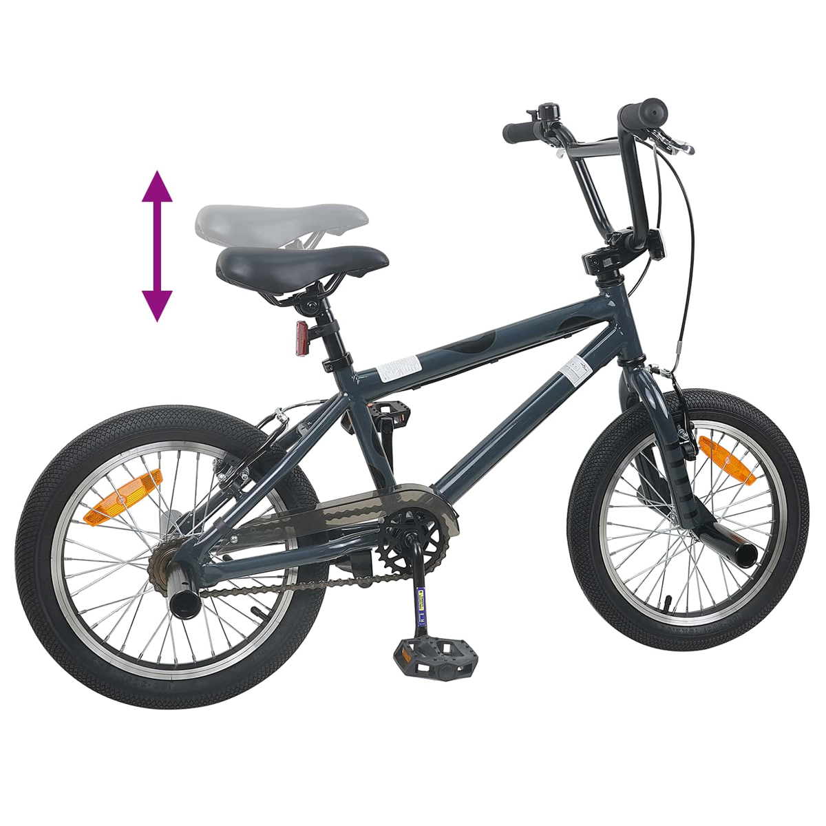 Dunkelgraues BMX-Fahrrad mit stufenlos verstellbarer Sitzhöhe, weiße Felgen.