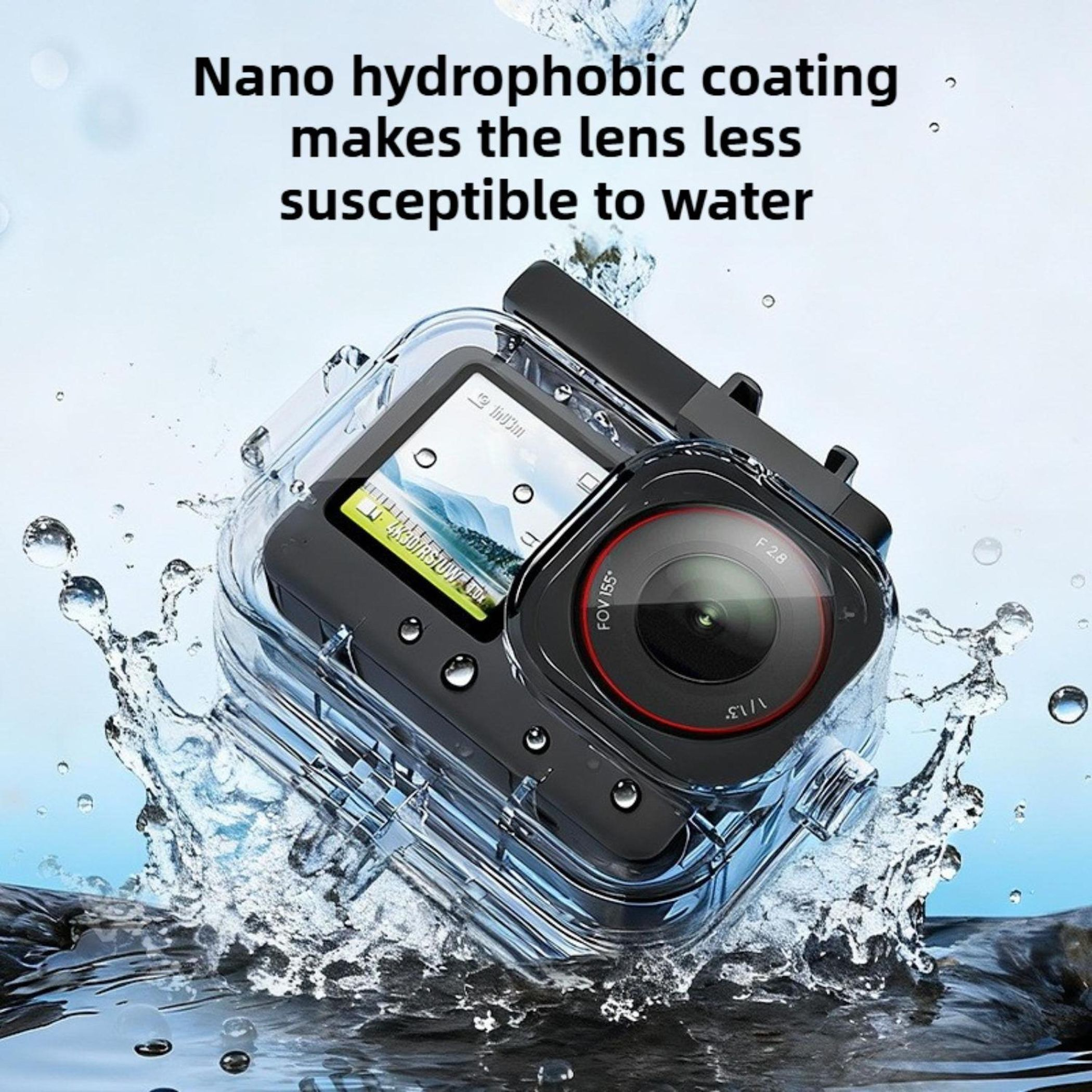 Eine Action-Kamera im wasserdichten Gehäuse spritzt in Wasser.