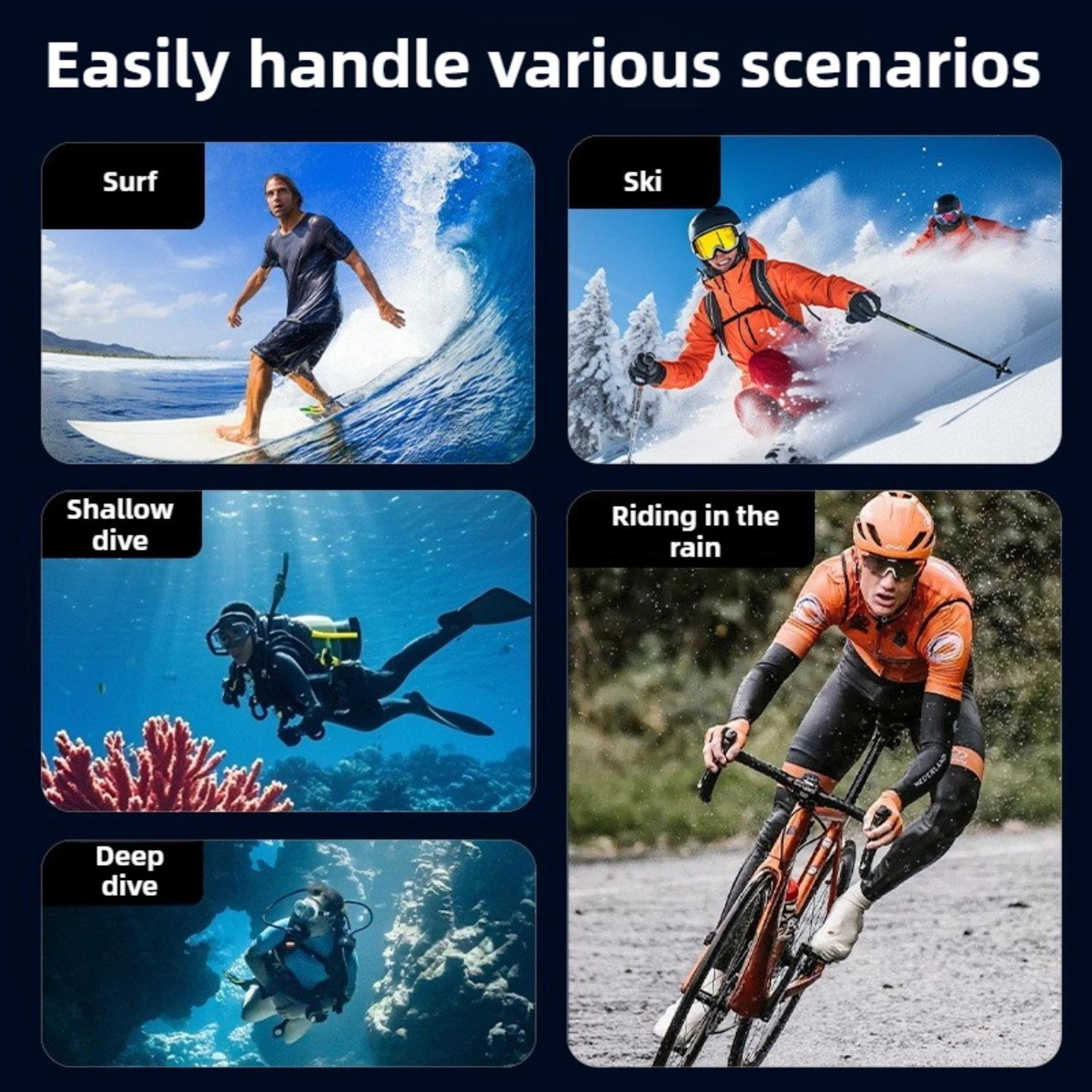 Mann surft auf einer Welle, Skifahrer auf einem verschneiten Hang, Taucher und Radfahrer im Regen.