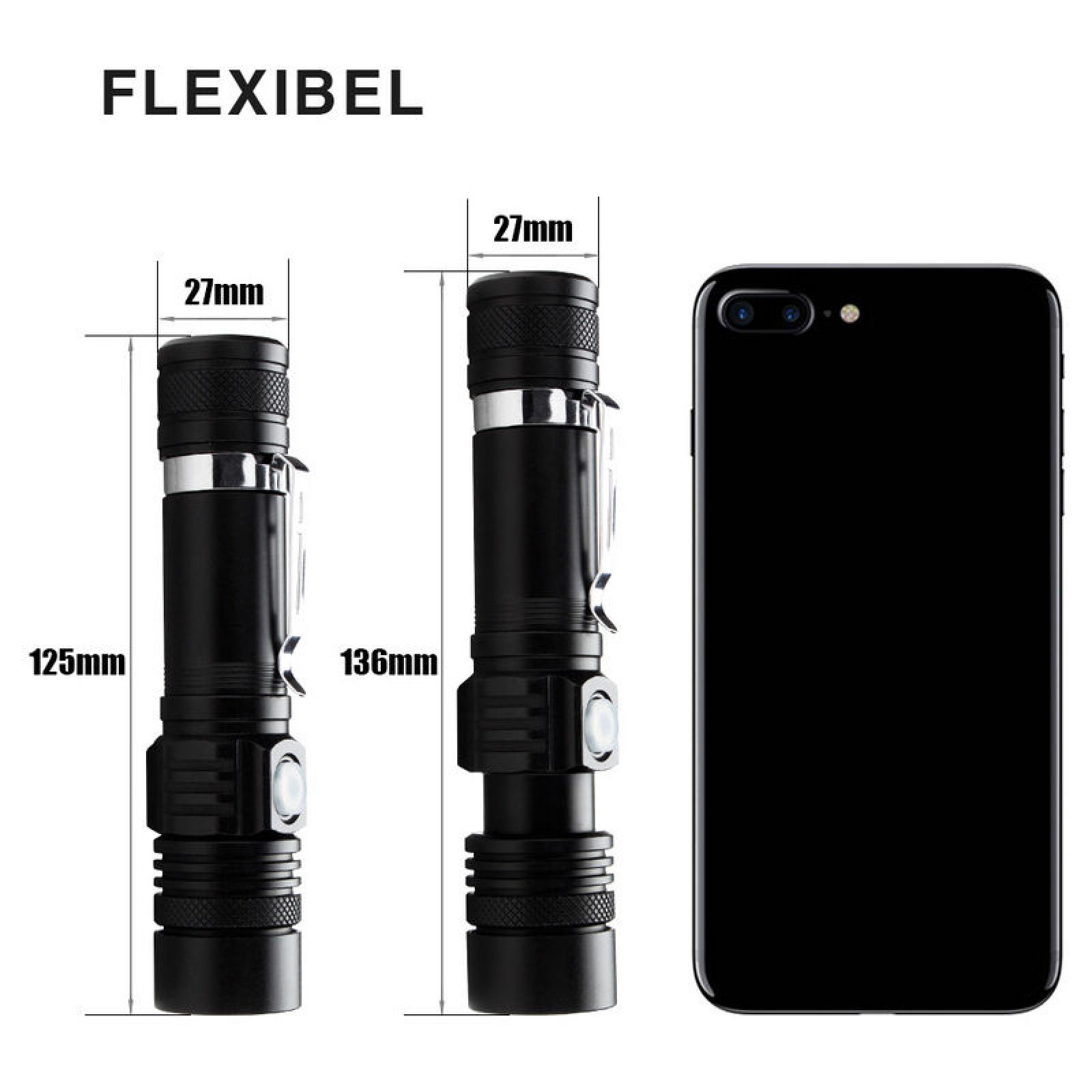 Zwei schwarze Taschenlampen und ein schwarzes Smartphone mit Maßen.