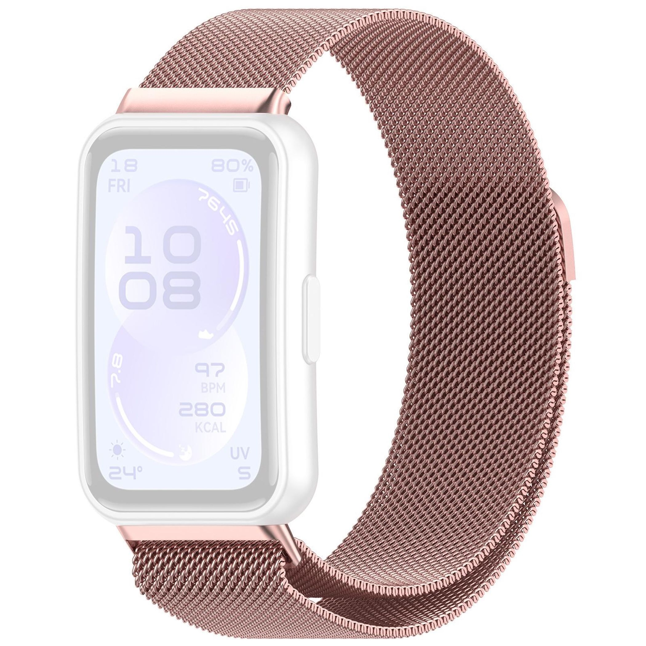 Eine roségoldene Smartwatch mit weißem Gehäuse und einem Mesh-Armband.