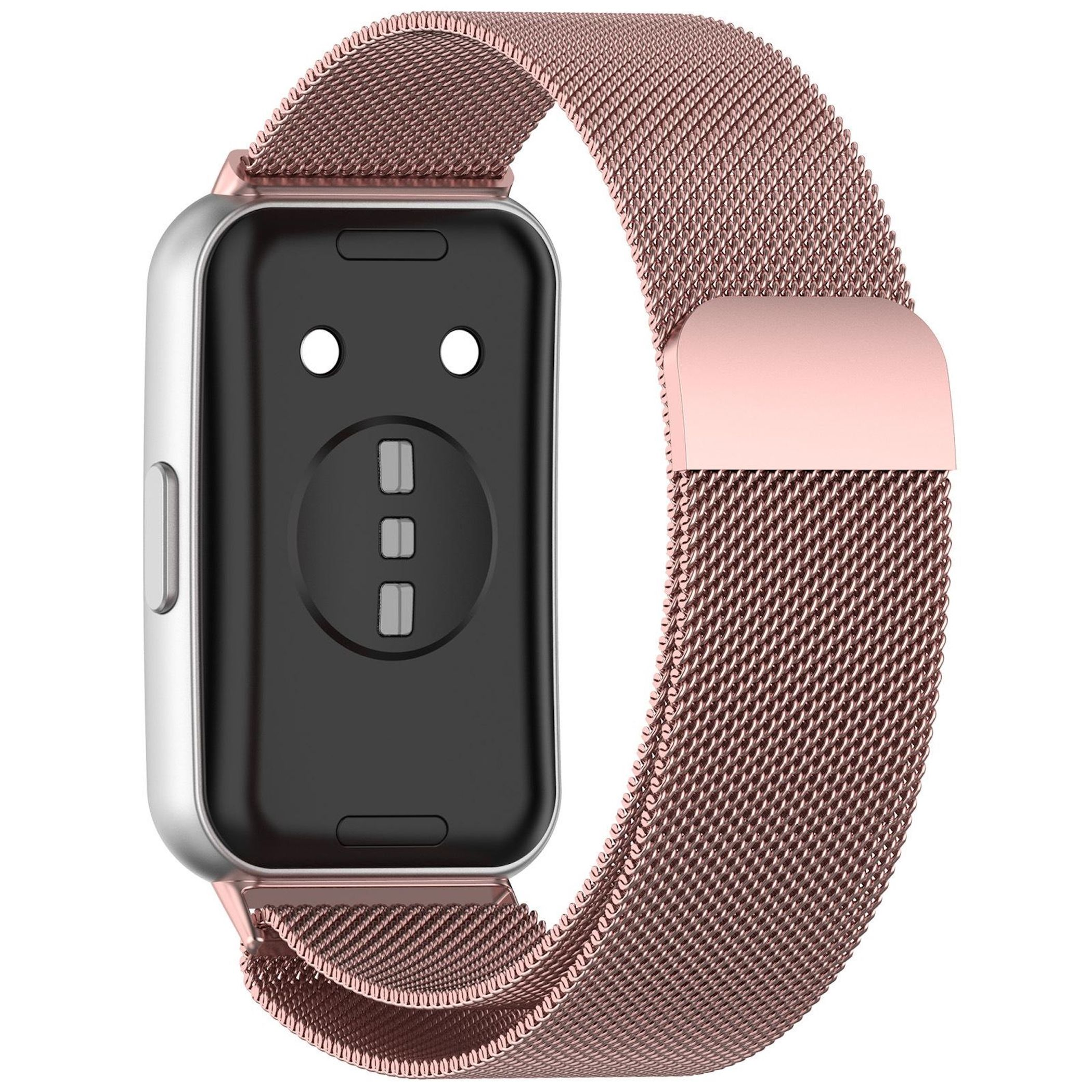 Ein silberner Smartwatch mit schwarzem Display und roségoldfarbenem Milanaise-Armband.