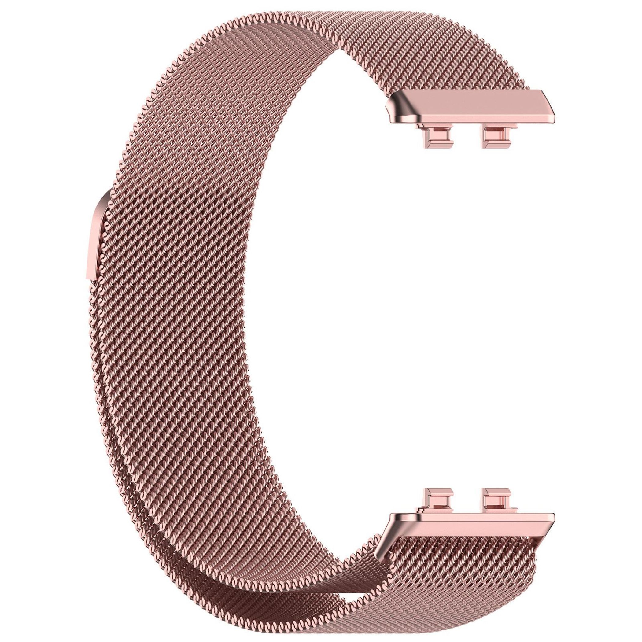 Ein roségoldenes Mesh-Uhrenarmband mit Schnellverschlüssen.