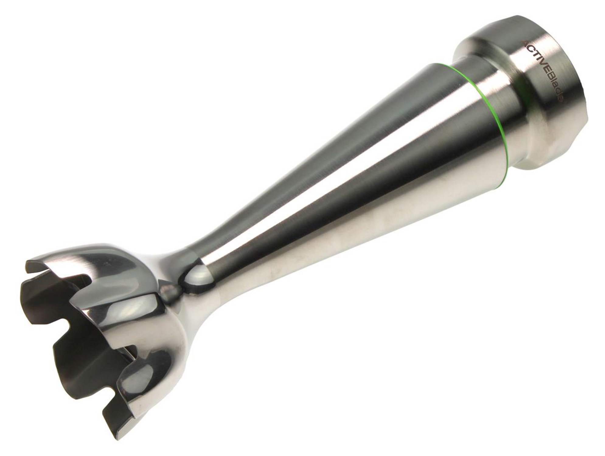 Metall-Stabmixeraufsatz mit Klingen und grünem Ring.