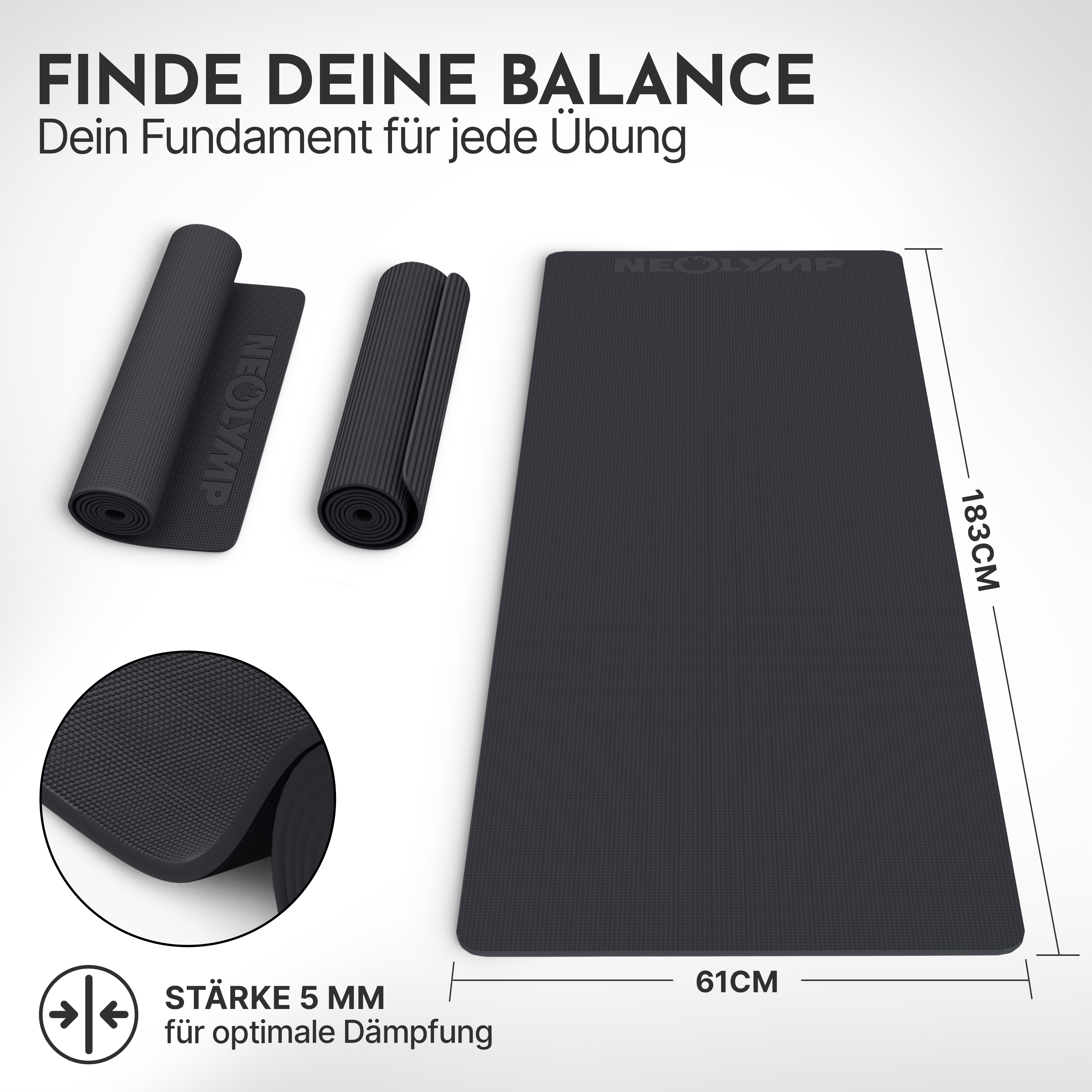 Schwarze Yogamatte, 183x61cm, 5mm dick, mit Aufdruck 'NEOLYMP'.