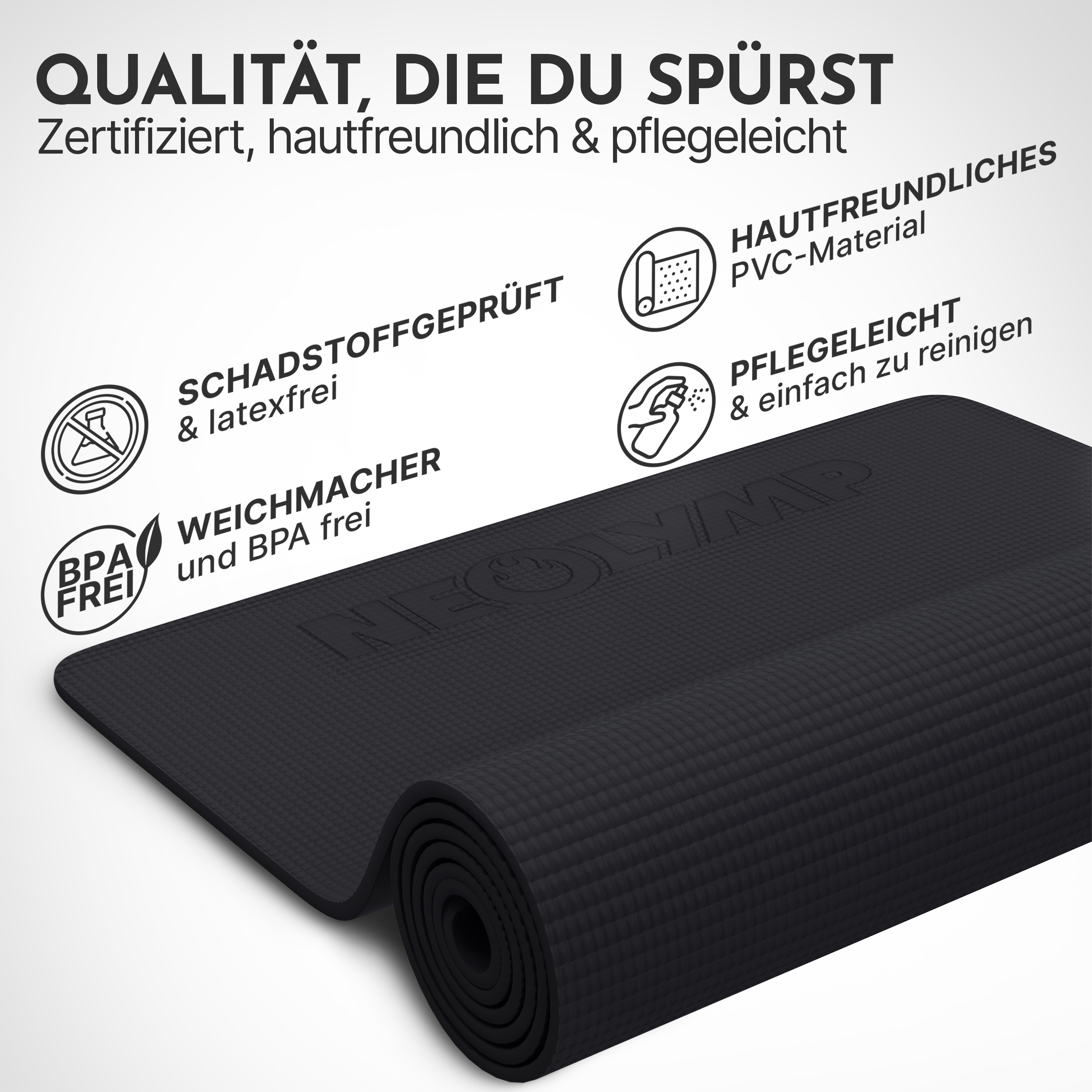 Schwarze Yogamatte mit Textangaben zu Qualität und Materialeigenschaften.