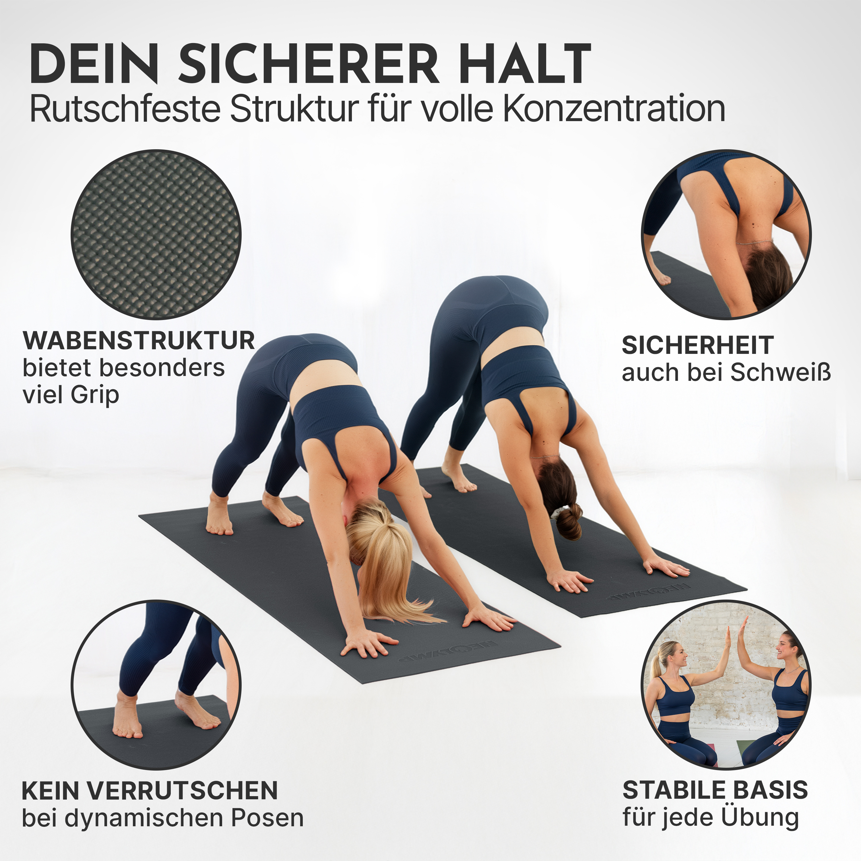 Zwei Frauen in dunkler Sportkleidung machen Yoga auf Matten. Nahaufnahmen zeigen Textur und High-Five.