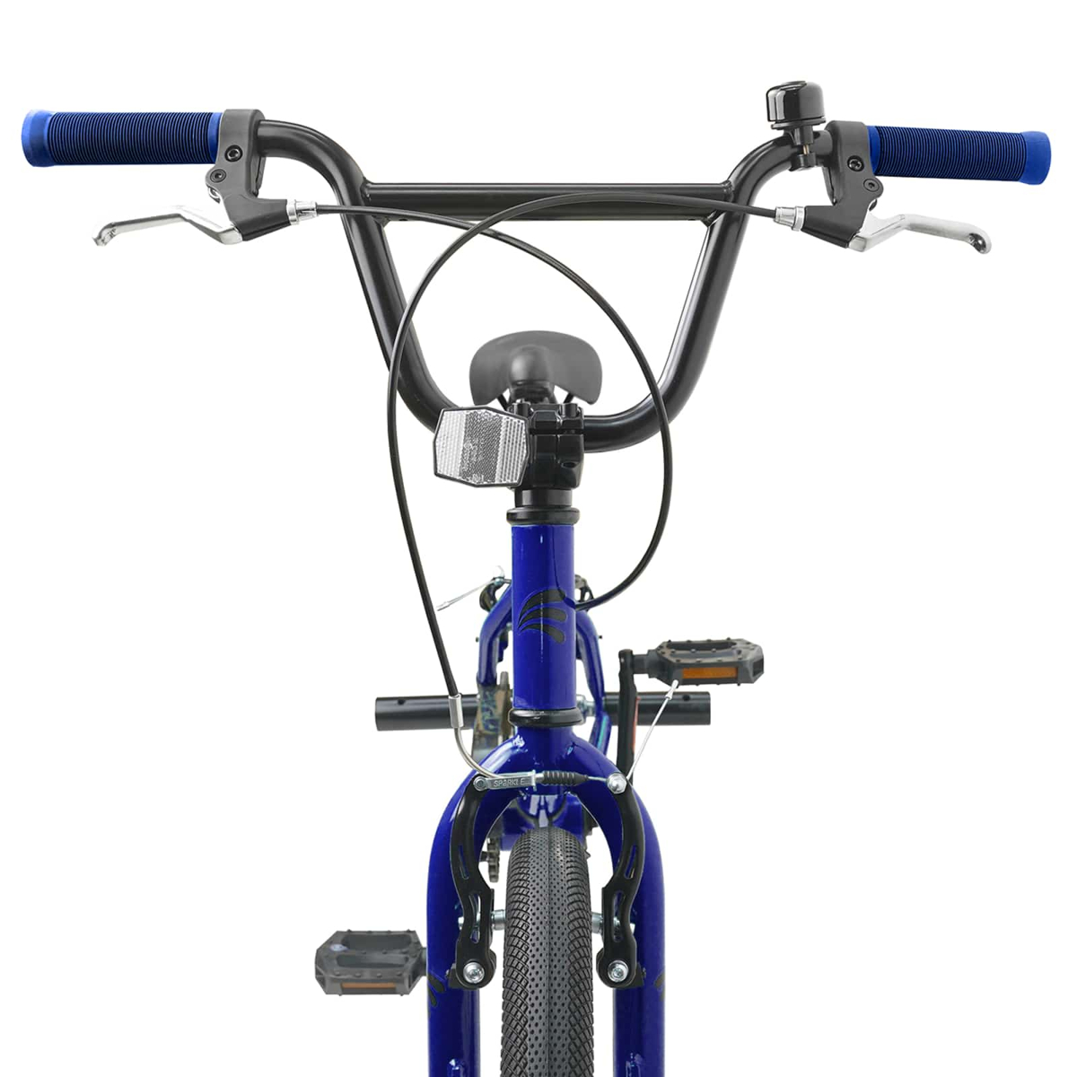 Eine blaue BMX-Freestyle-BMX-Schaltung mit blauen Griffen und einem schwarzen Lenker.