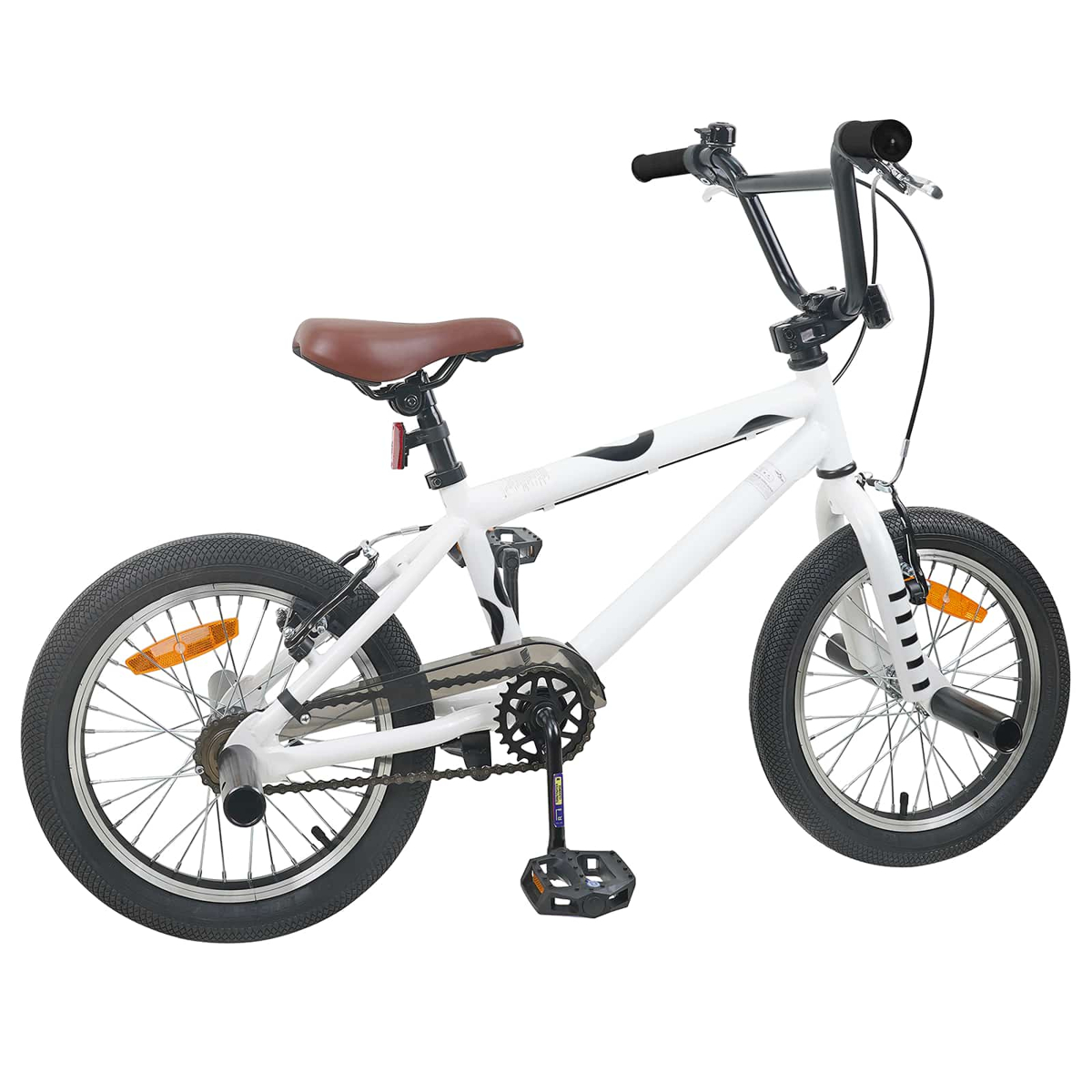 Ein weißes BMX-Fahrrad mit braunem Sattel, schwarzen Griffen und Rädern.
