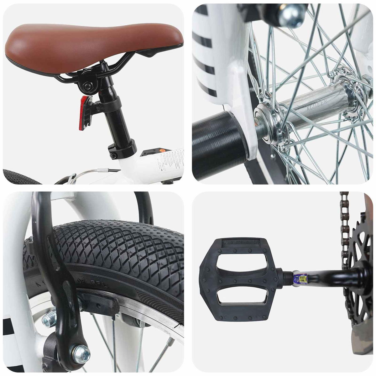 Nahaufnahme eines Fahrrads mit Sattel, Speichenrad, Reifen und Pedal.