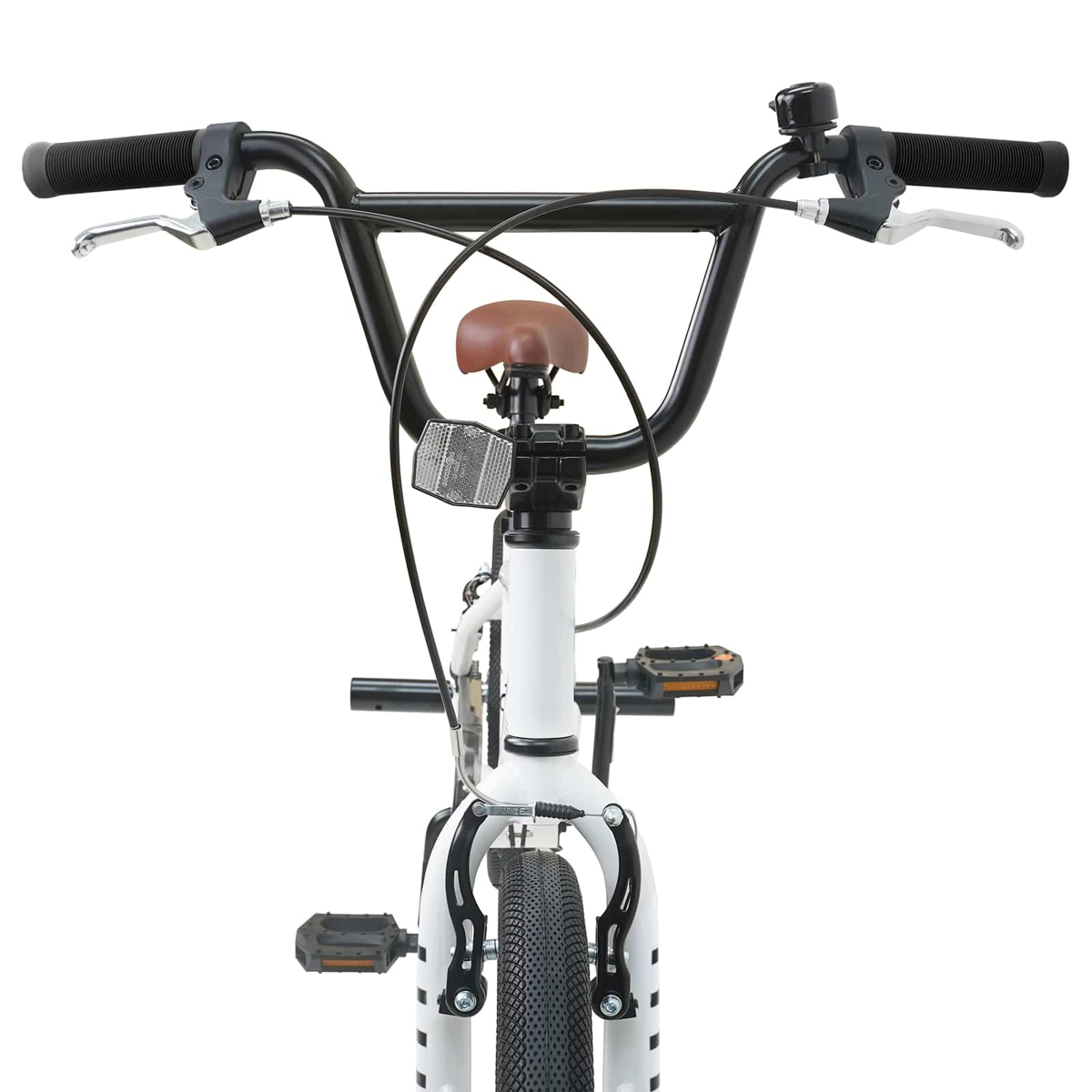 Vorderansicht eines weißen BMX-Rads mit schwarzen Lenkern, braunem Sattel und Reflektor.