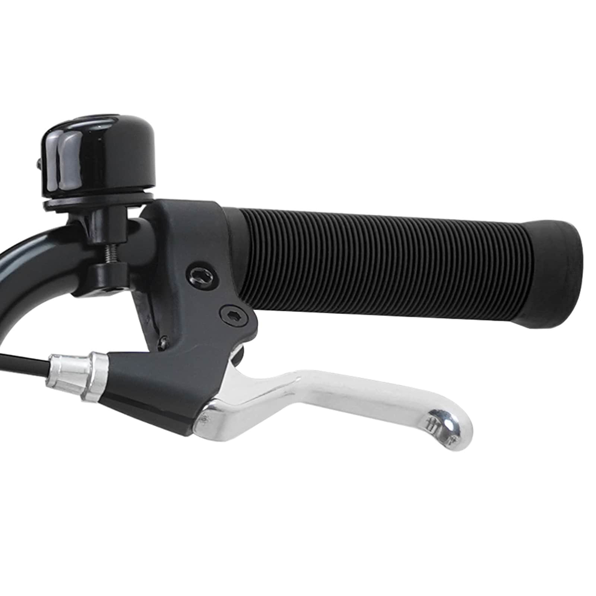 Schwarzer Fahrradgriff mit silbernem Bremshebel und Klingel.