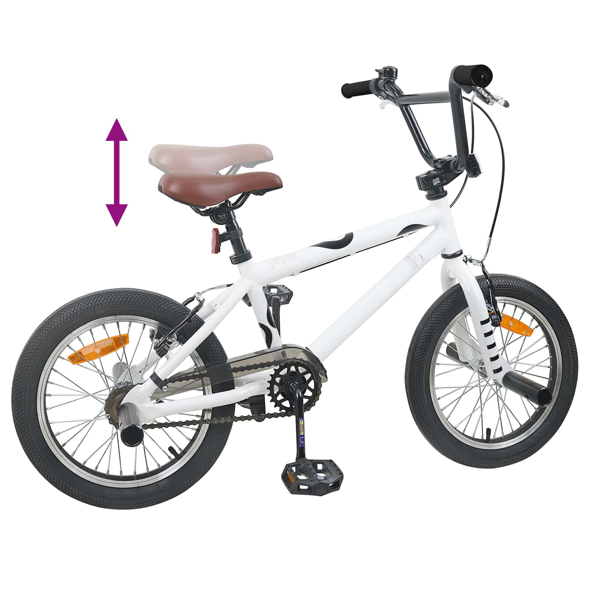 Weißes BMX-Fahrrad mit braunem Sattel und Doppelpfeil für Höhenverstellung.