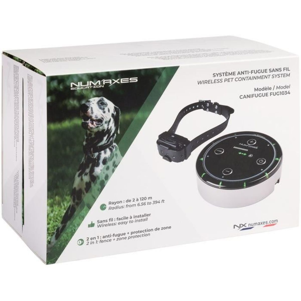 Verpackung eines kabellosen Tiersicherheitssystems mit Dalmatiner und Halsband.