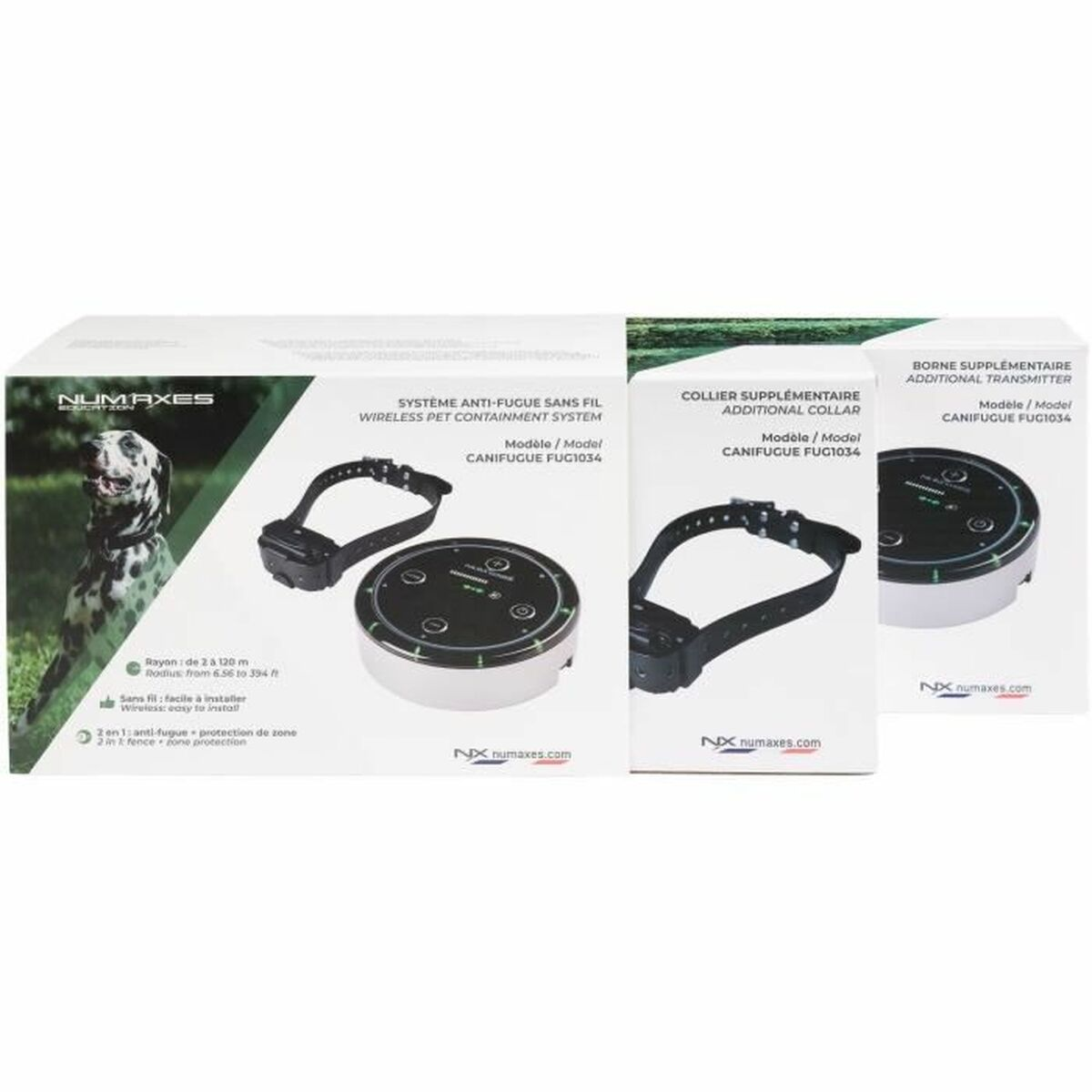 Numaxes Verpackung mit Hundehalsband und Sendern für ein drahtloses Haustier-Sicherheitssystem.