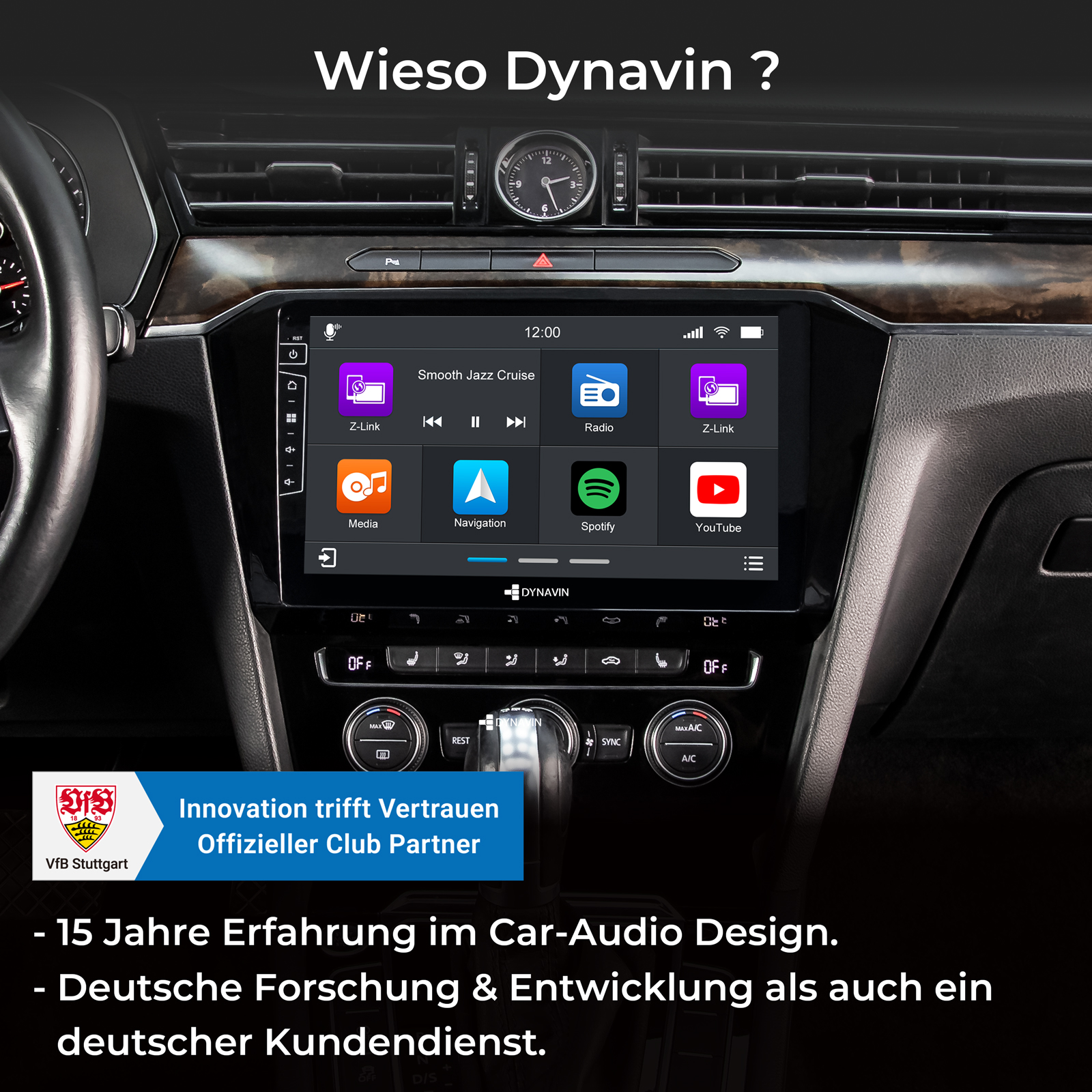 Armaturenbrett eines Autos mit Dynavin-Infotainmentsystem und verschiedenen Apps.