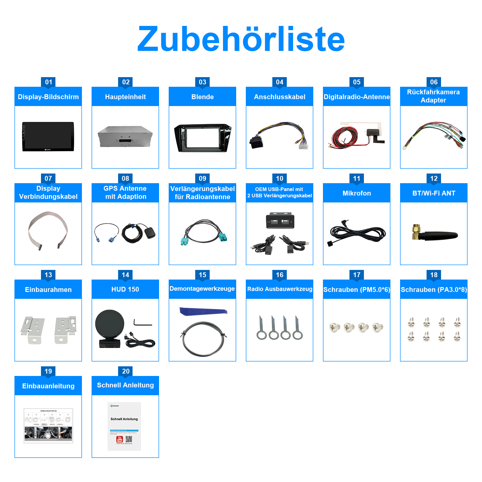 Übersicht der Autozubehörteile mit Nummern und kurzen Beschreibungen.