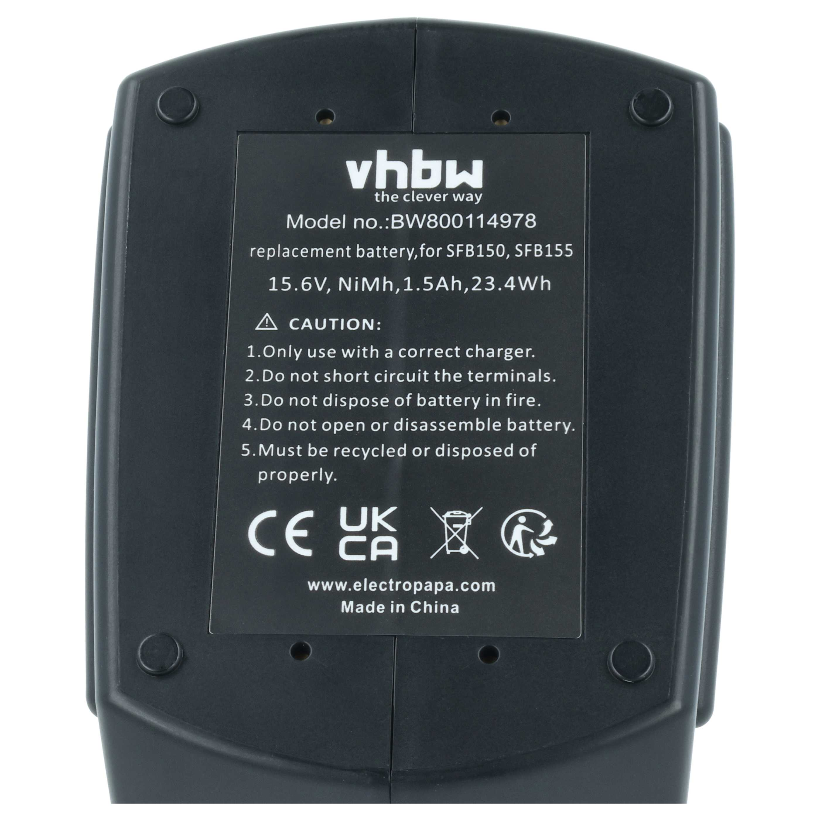 Schwarzer Akku mit Beschriftung: VHBW, Modell BW800114978, 15.6V, NiMh.