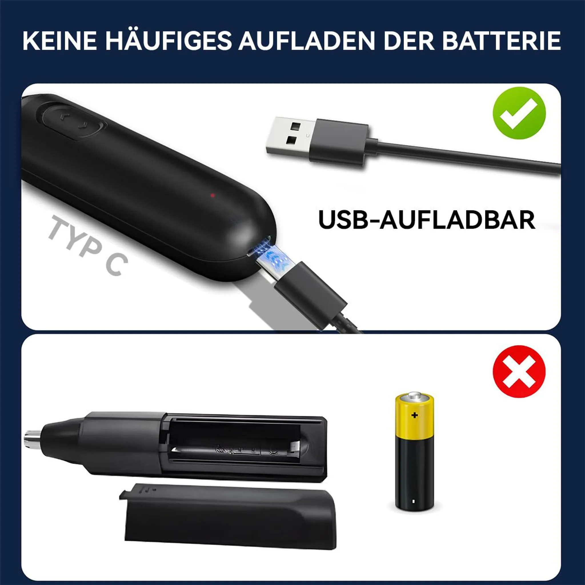 Ein schwarzes USB-C Ladegerät wird gezeigt und eine Batterie mit einem roten Kreuz.