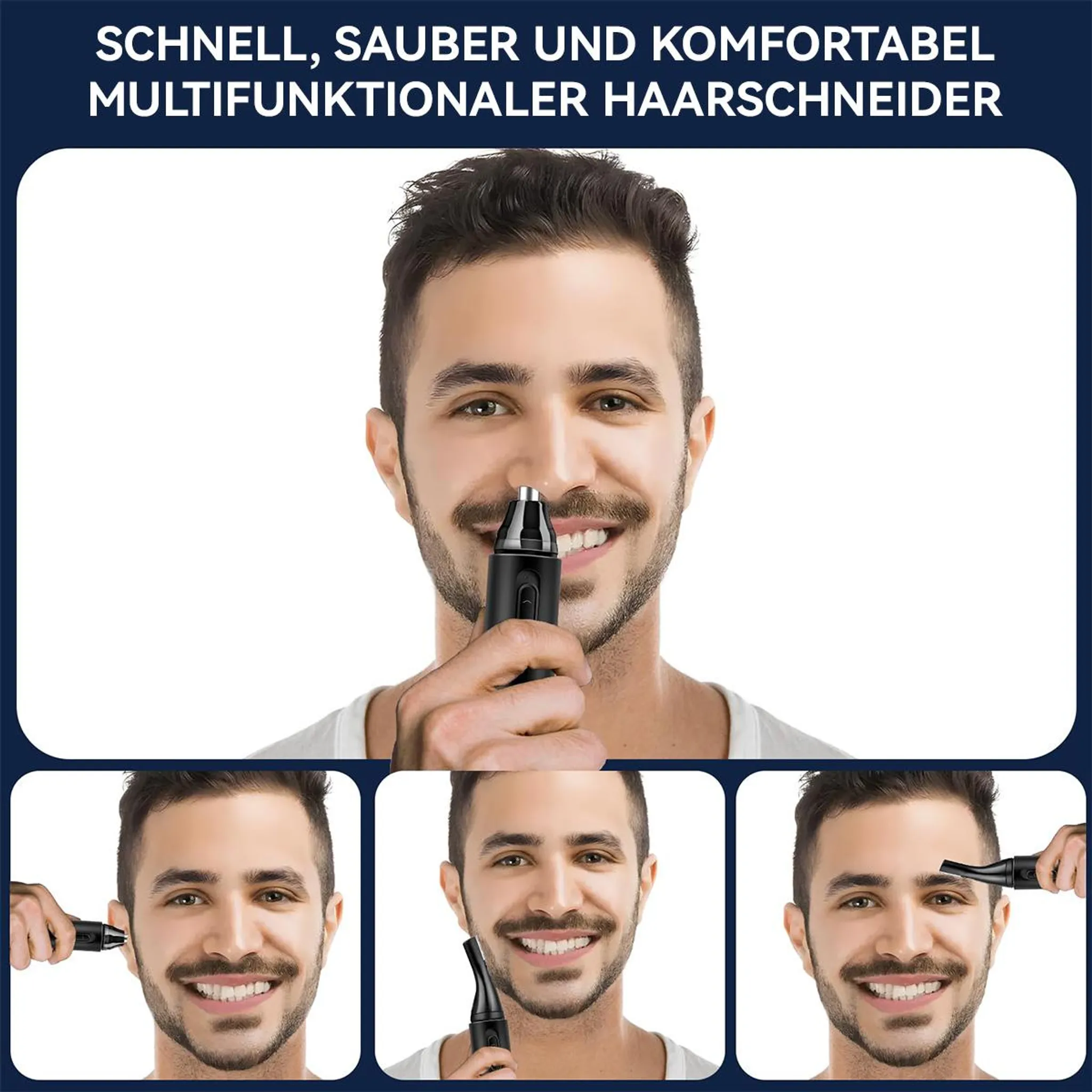 Mann mit schwarzem Nasen-/Ohr-/Augenbrauentrimmer, der verschiedene Körperteile trimmt.