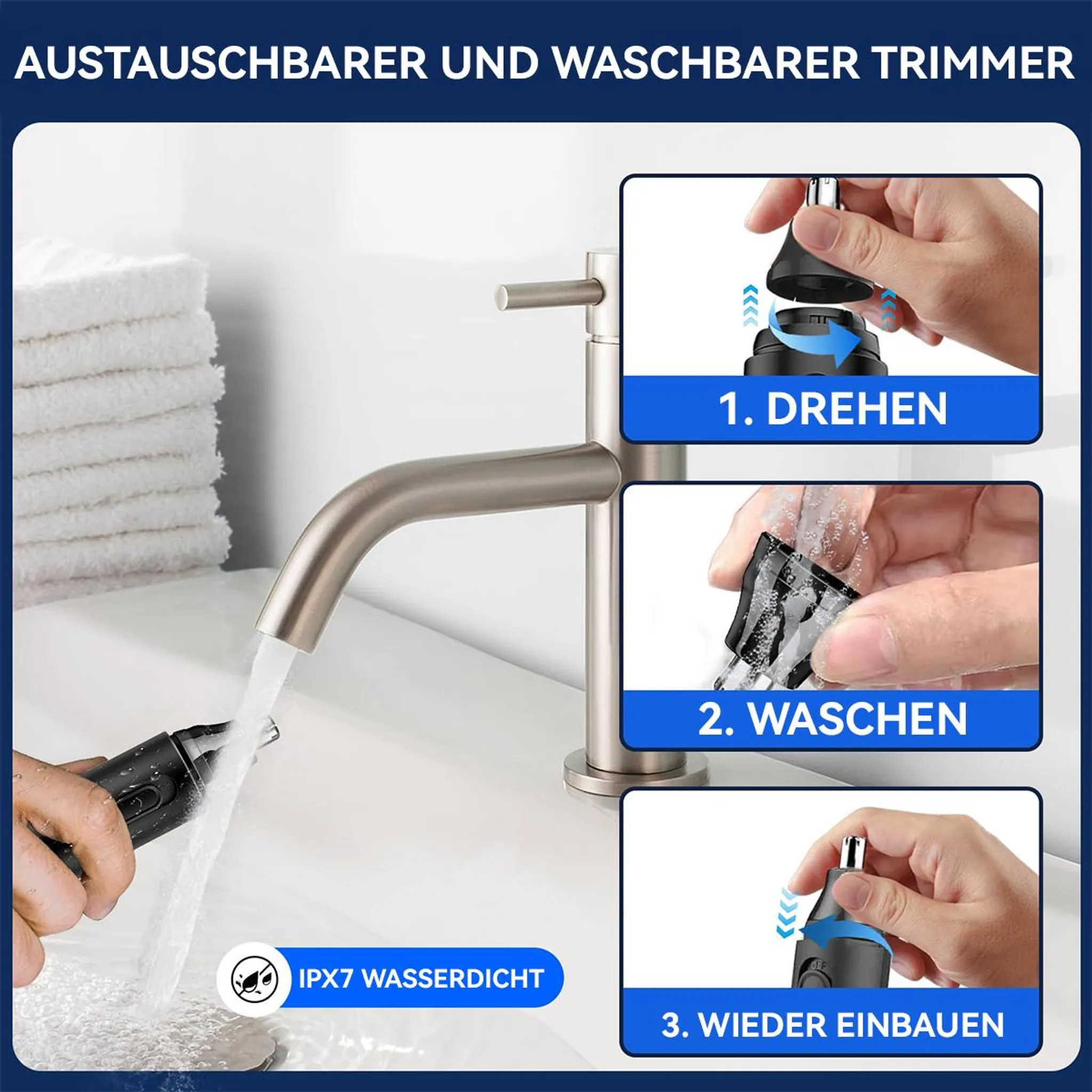 Ein Nasentrimmer wird unter fließendem Wasser gereinigt. Anleitungen zum Einbau/Austausch.