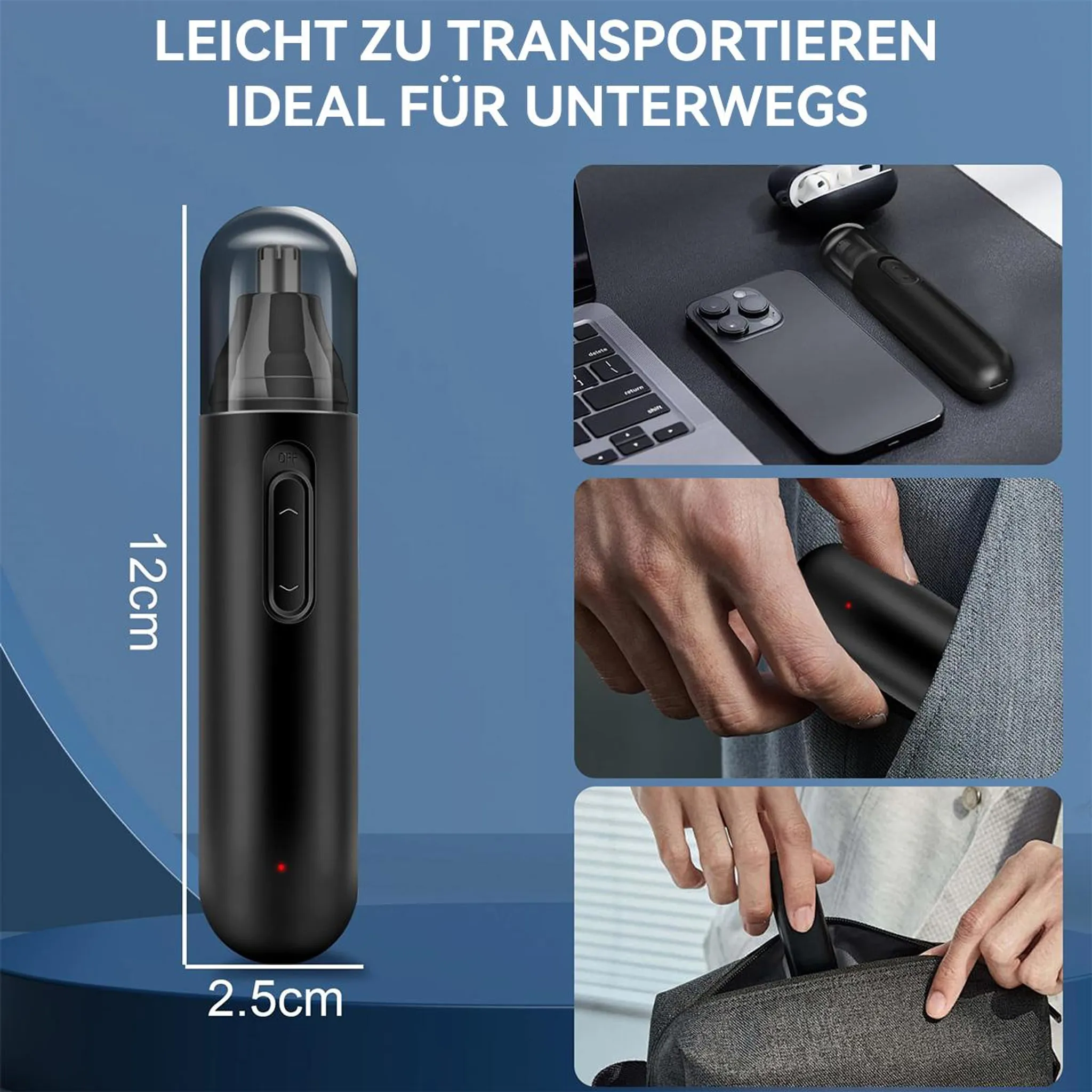 Schwarzer Nasentrimmer, 12cm lang, 2.5cm breit, mit Ladecase und Handy.