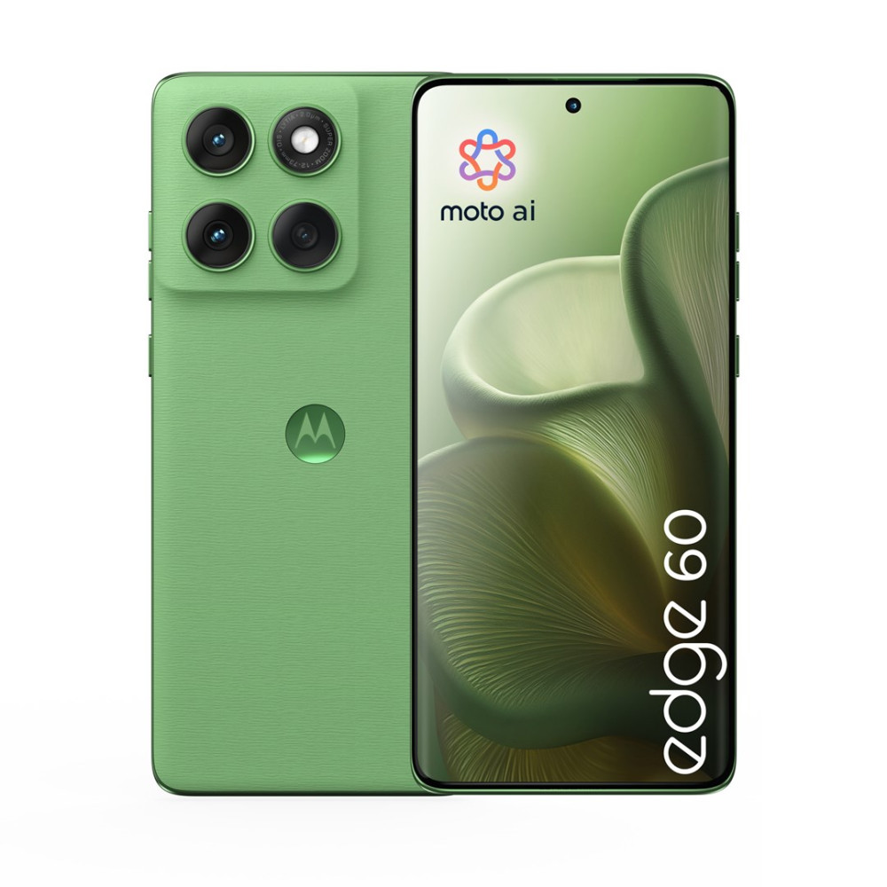 Zielony telefon Motorola Edge 60 z czterema aparatami i logo Moto AI.