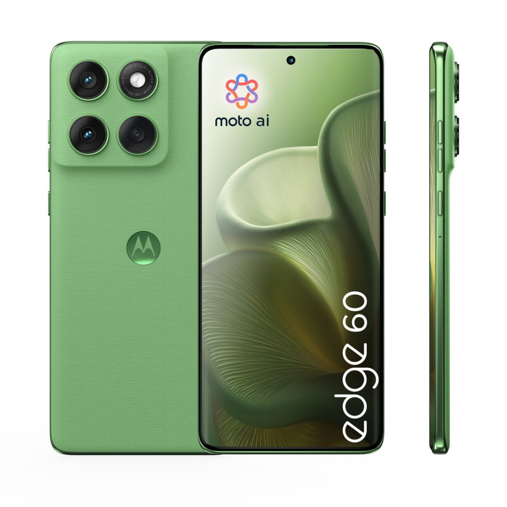 Zielony smartfon Motorola Edge 60 pokazany od przodu, tyłu i z boku.