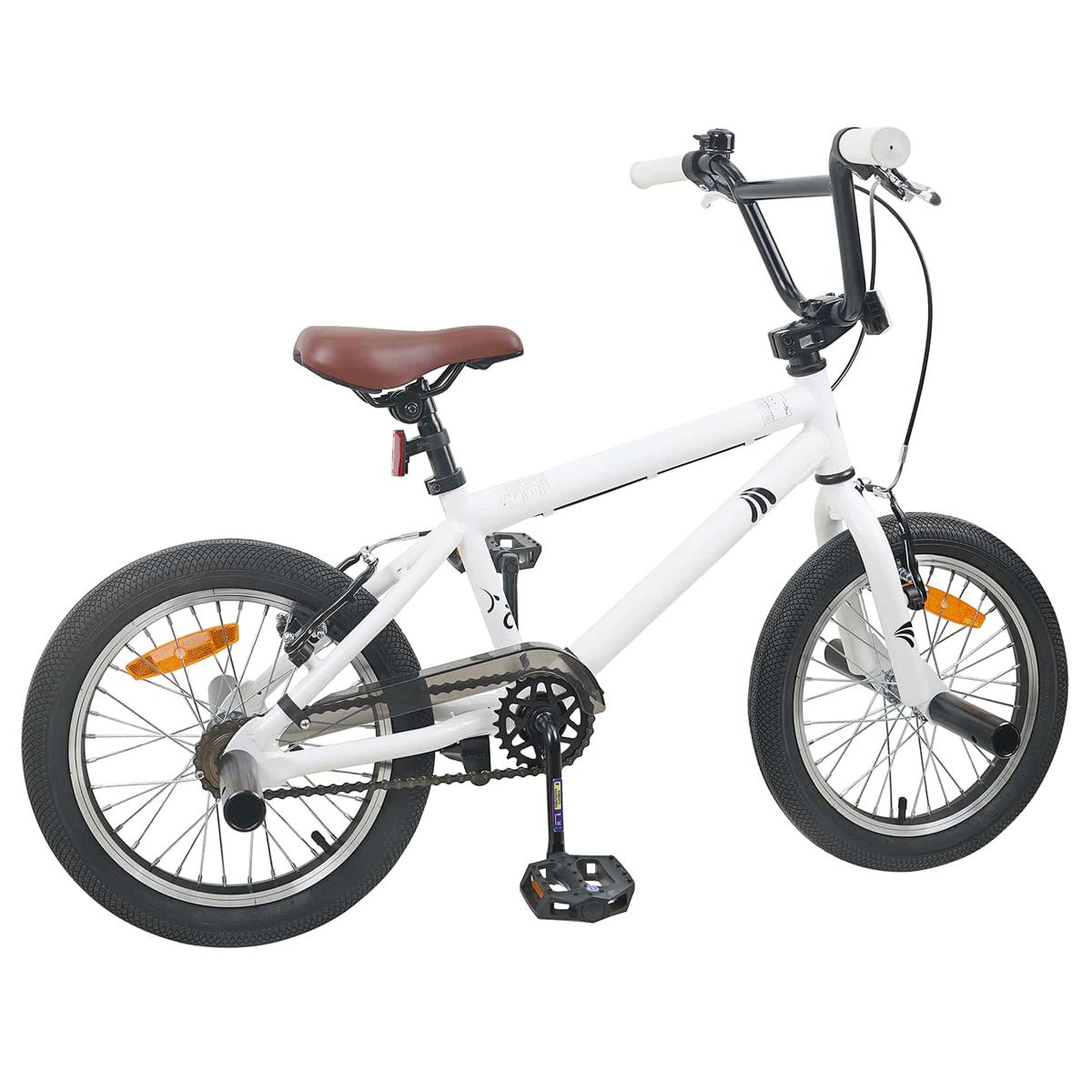 Ein weißes BMX-Rad mit braunem Sattel und schwarzen Reifen.