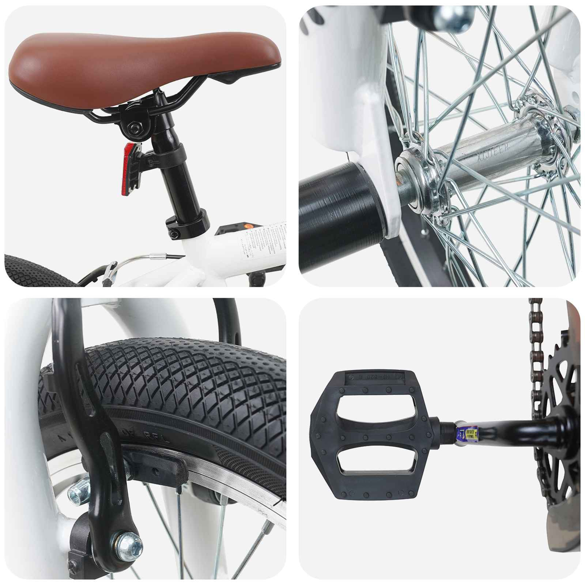 Detailansichten eines weißen Fahrrads: Sattel, Radnabe, Bremse und Pedal.