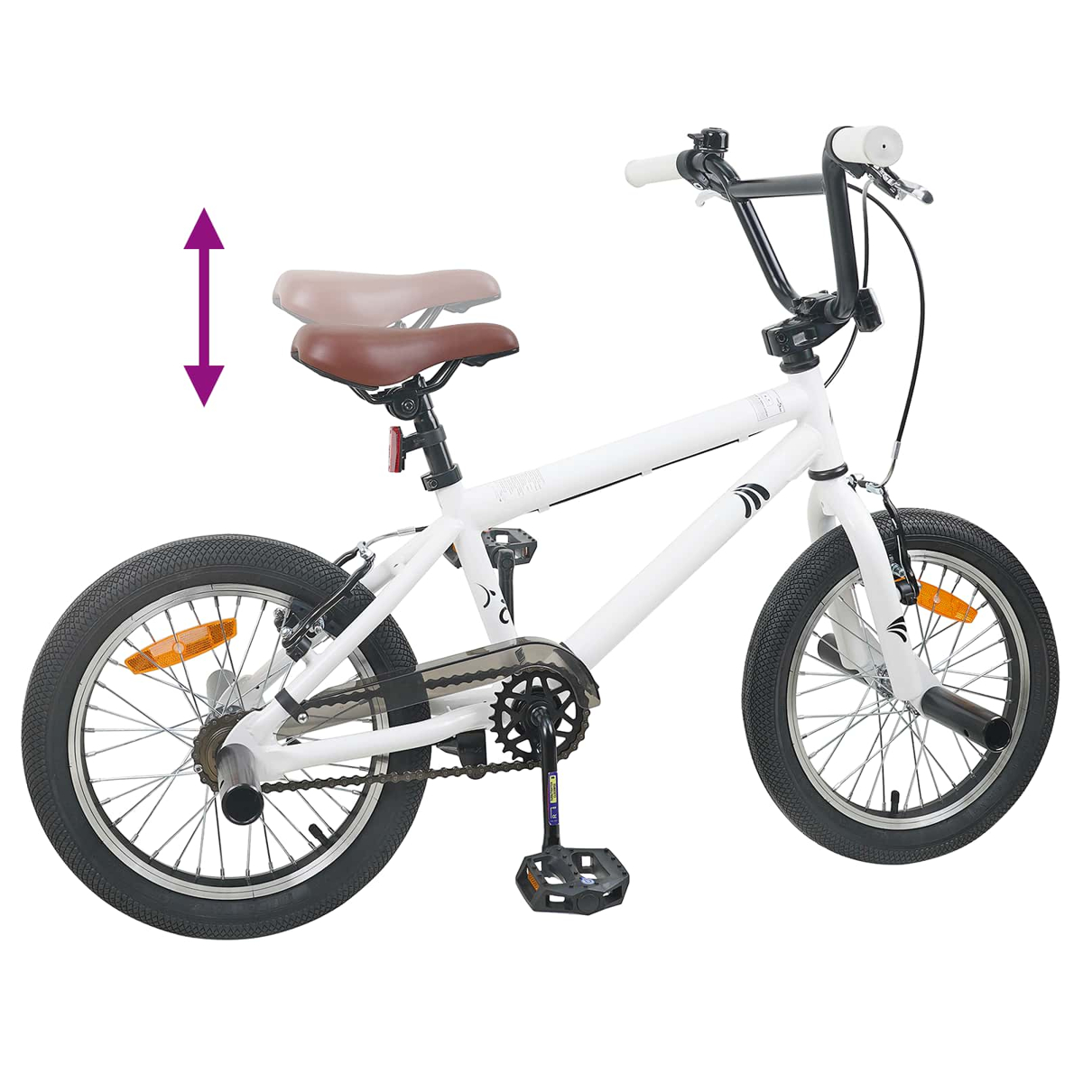 Ein weißes BMX-Rad mit braunem Sattel und einem lila Pfeil, der die Höhenverstellung anzeigt.