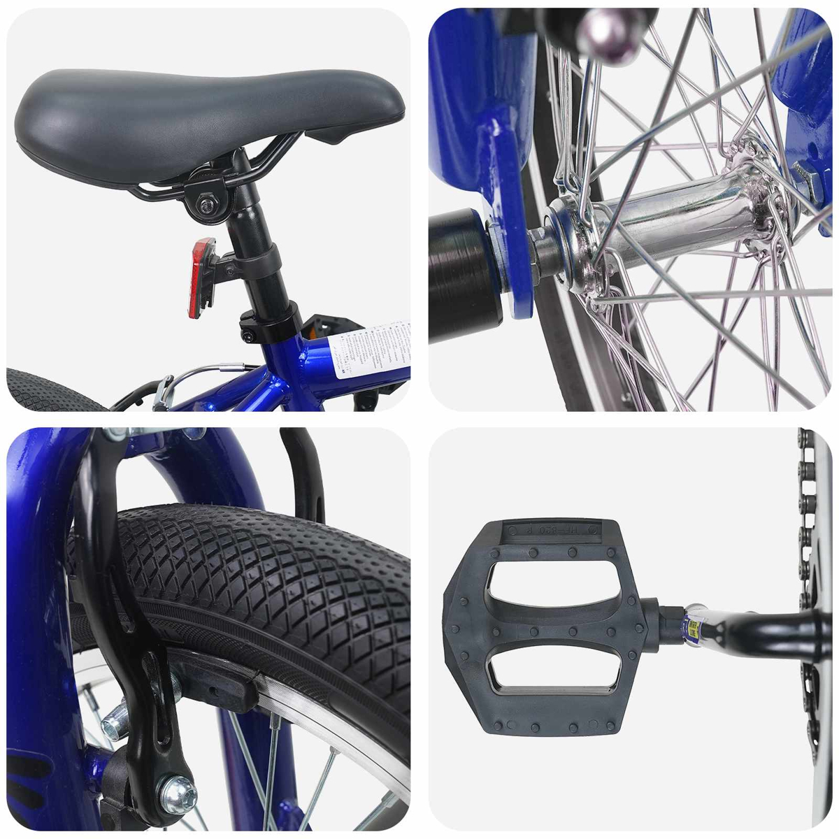 Details eines blauen Fahrrads: Sattel, Vorderradnabe, Reifen und Pedal.