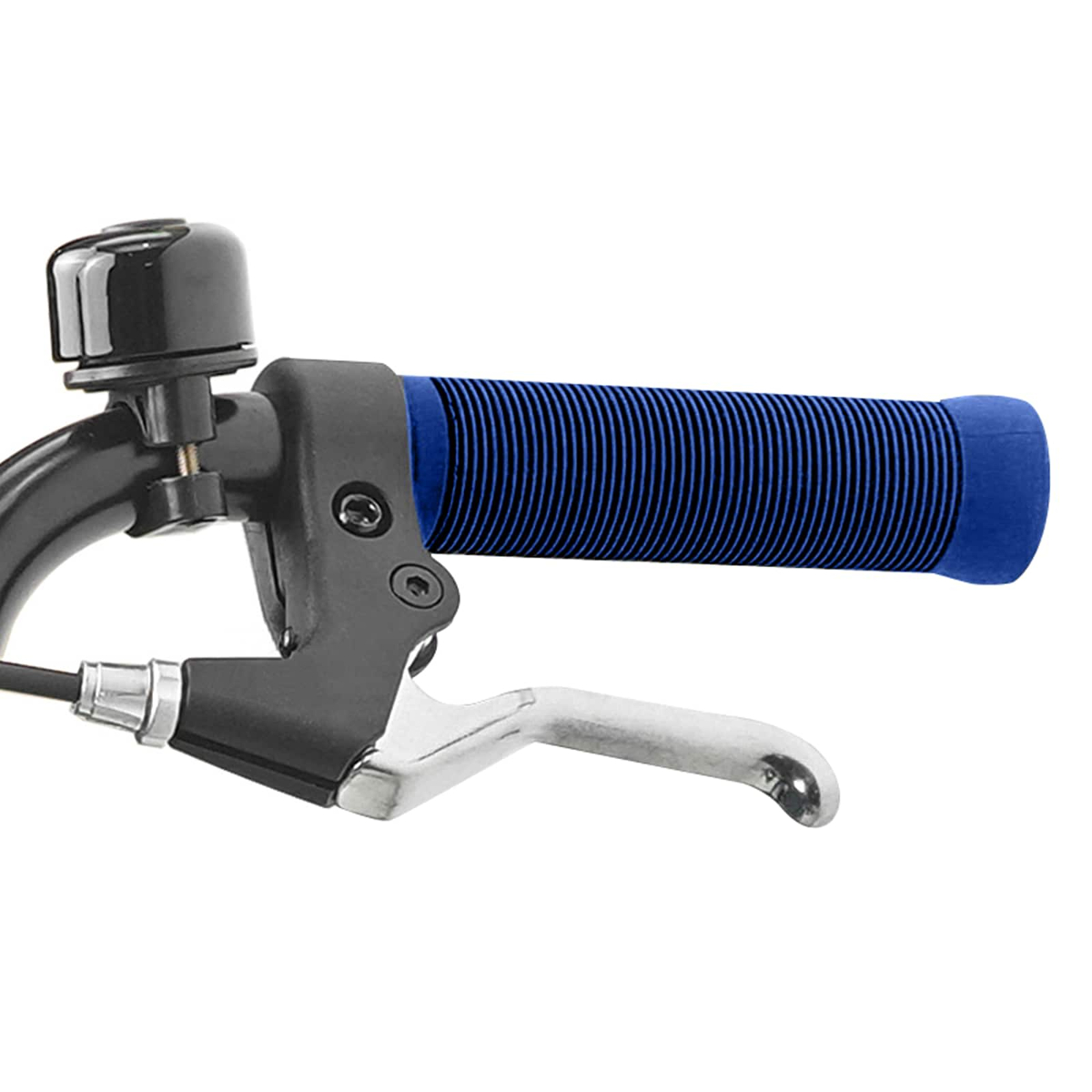 Nahaufnahme eines Fahrradlenkers mit blauer Grifffläche, Bremshebel und Klingel.