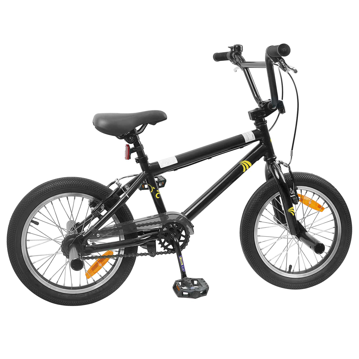 Ein schwarzes BMX-Fahrrad mit gelben Akzenten, freistehend auf weißem Hintergrund.